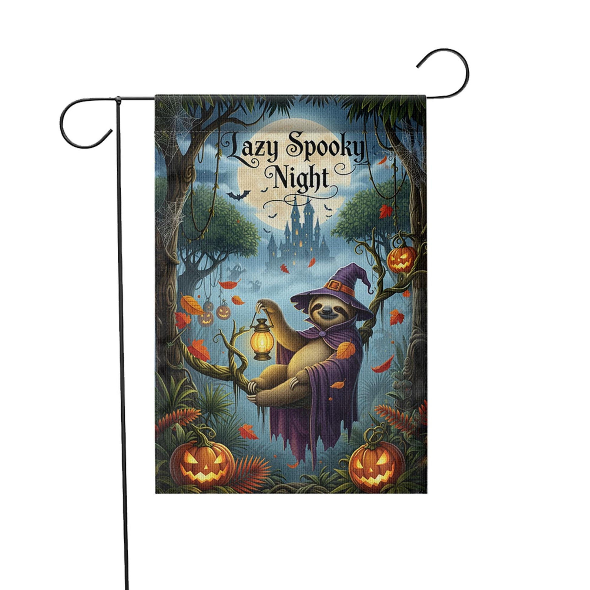 Lazy Spooky Night Sloth Halloween Garden Flag, Funny Witch Sloth Fall Yard Banner, Pumpkin Lantern Outdoor Autumn Decor