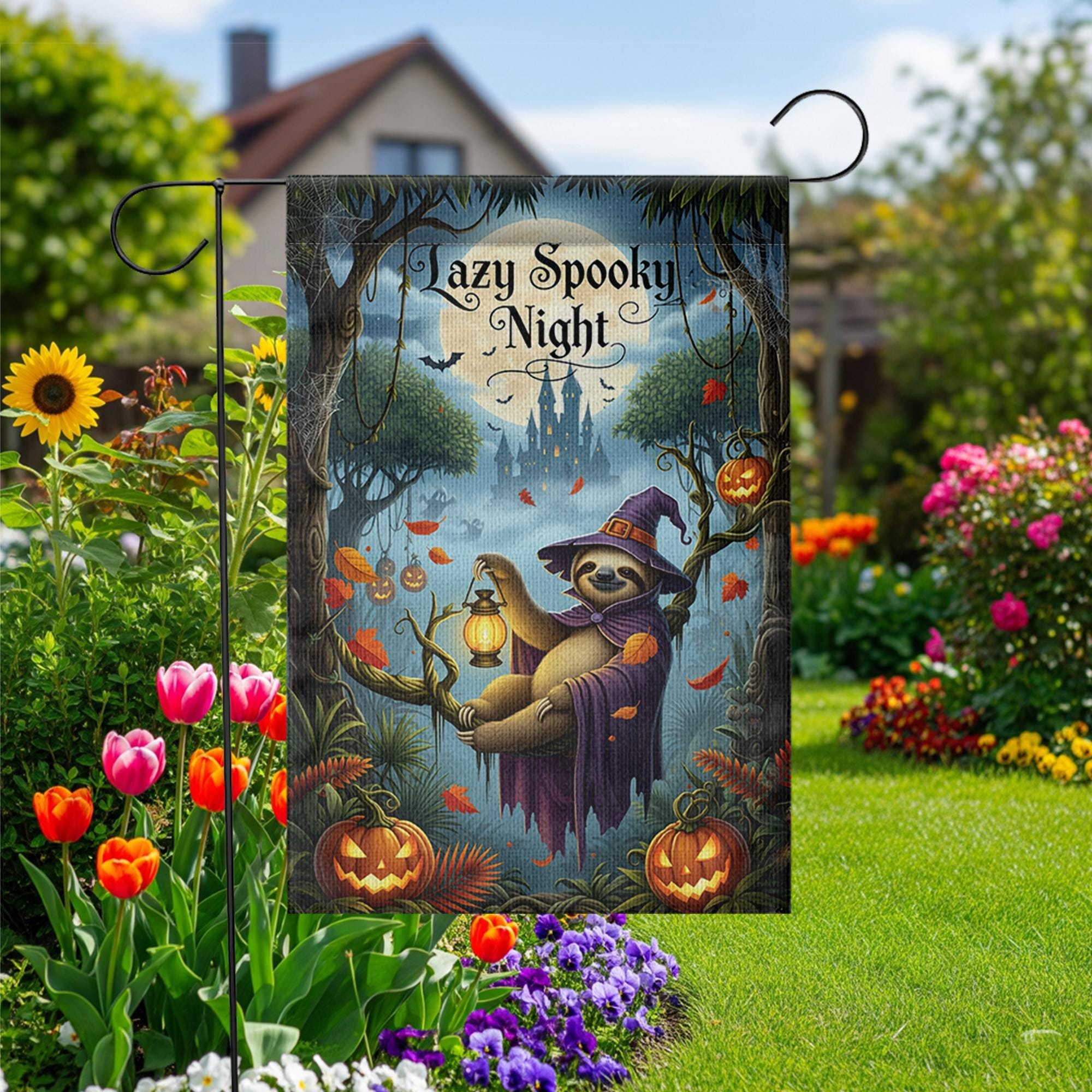 Lazy Spooky Night Sloth Halloween Garden Flag, Funny Witch Sloth Fall Yard Banner, Pumpkin Lantern Outdoor Autumn Decor