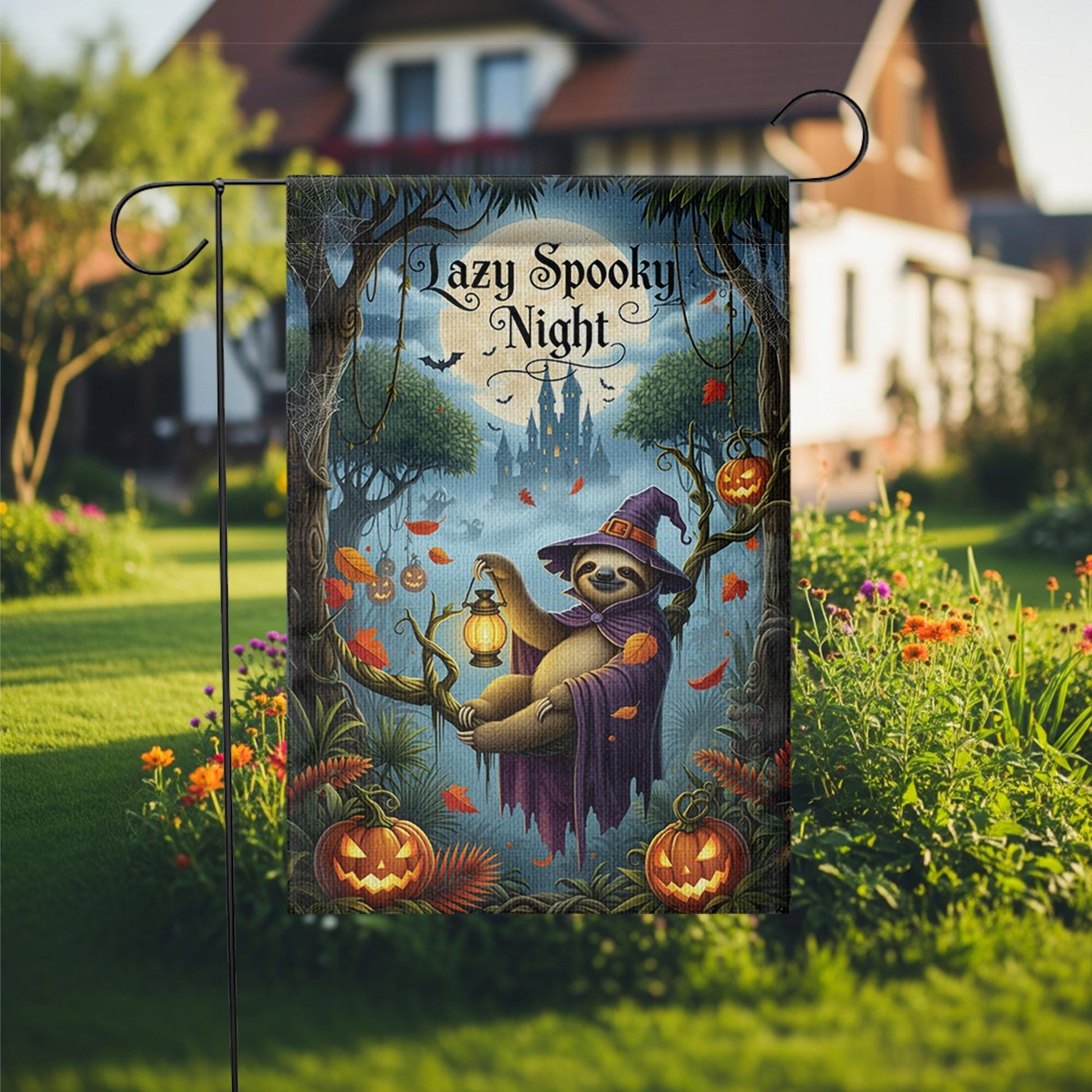 Lazy Spooky Night Sloth Halloween Garden Flag, Funny Witch Sloth Fall Yard Banner, Pumpkin Lantern Outdoor Autumn Decor