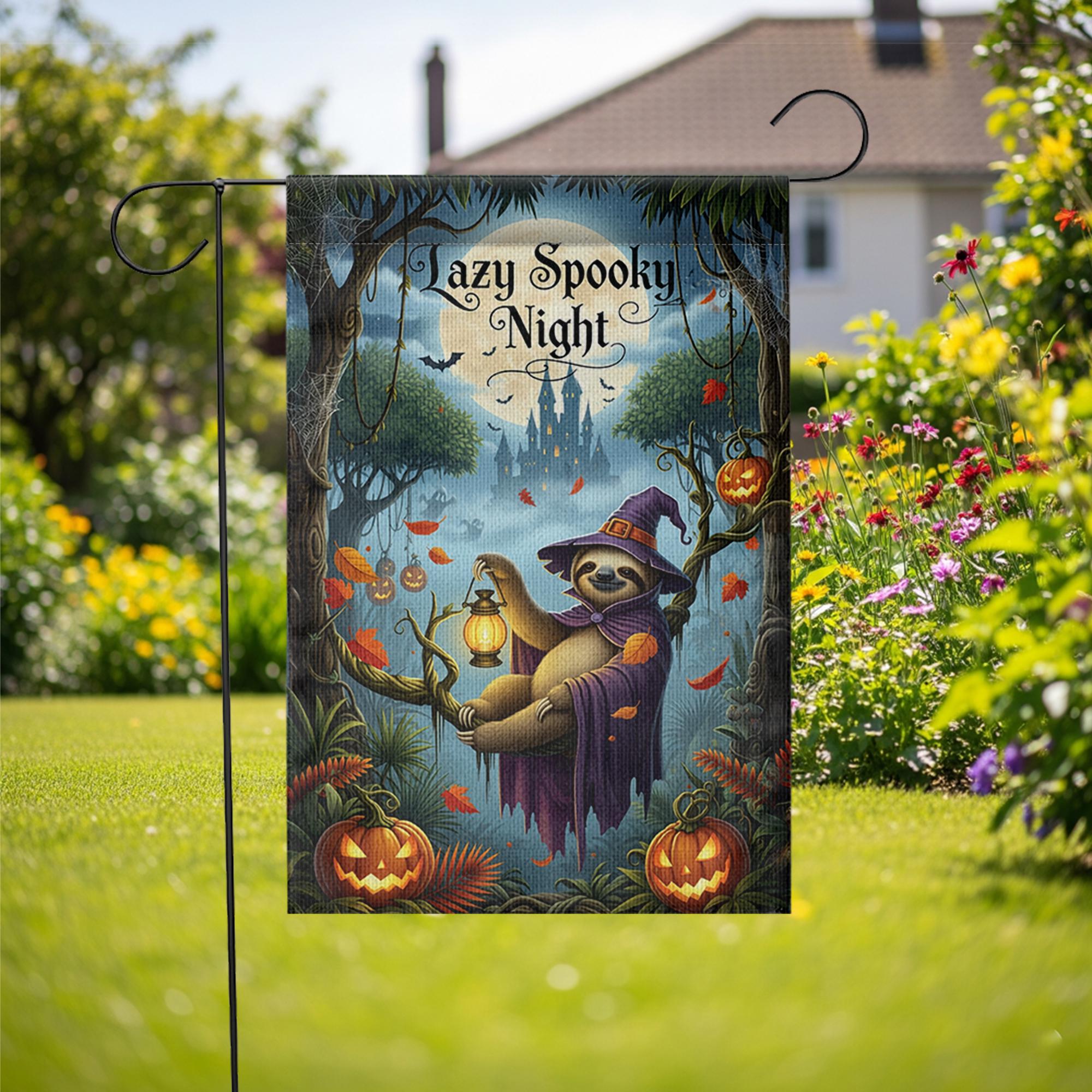 Lazy Spooky Night Sloth Halloween Garden Flag, Funny Witch Sloth Fall Yard Banner, Pumpkin Lantern Outdoor Autumn Decor