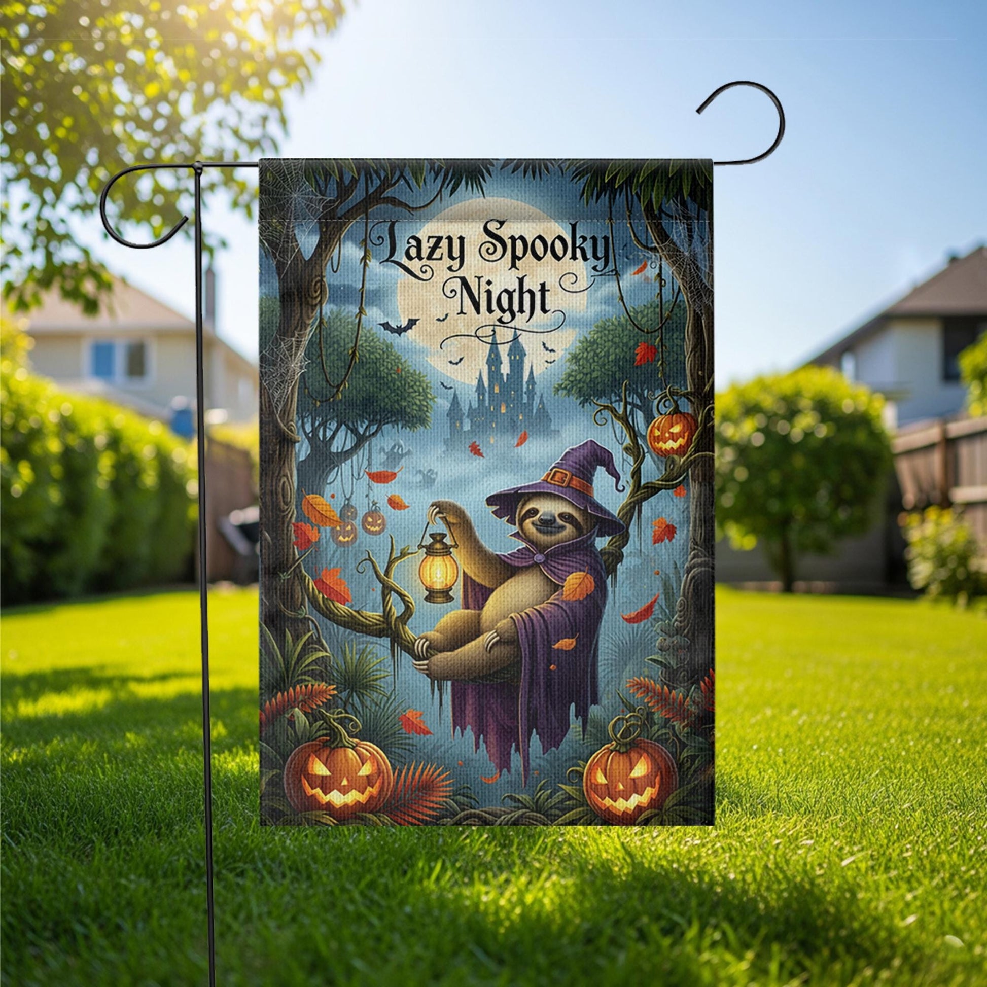 Lazy Spooky Night Sloth Halloween Garden Flag, Funny Witch Sloth Fall Yard Banner, Pumpkin Lantern Outdoor Autumn Decor