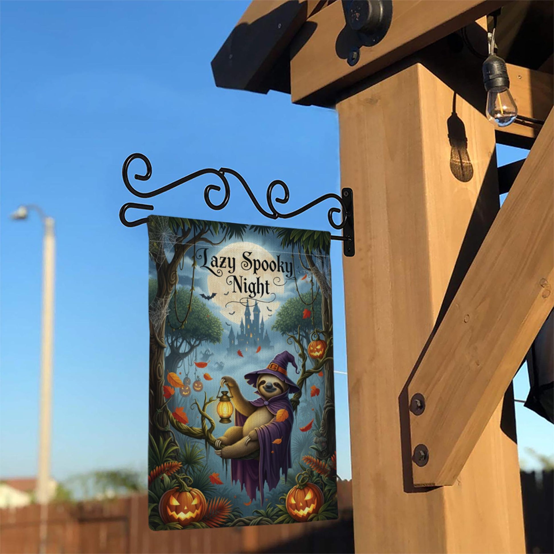 Lazy Spooky Night Sloth Halloween Garden Flag, Funny Witch Sloth Fall Yard Banner, Pumpkin Lantern Outdoor Autumn Decor