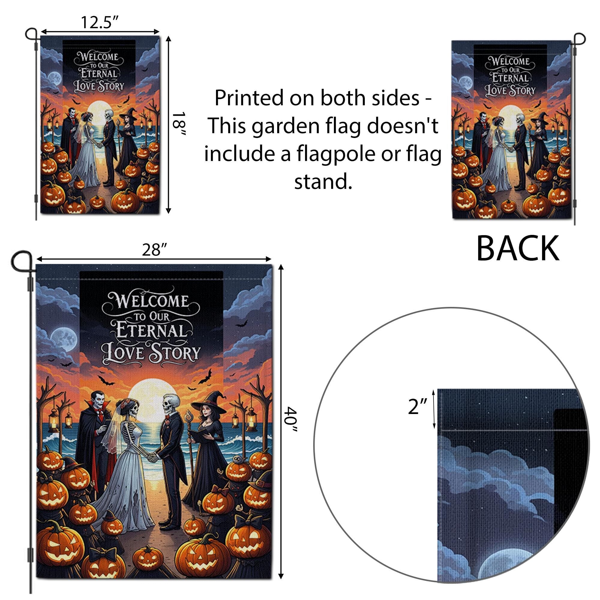 Eternal Love Story Halloween Wedding Garden Flag, Gothic Bride Groom Skeleton Decor, Spooky Fall Outdoor Pumpkin Banner