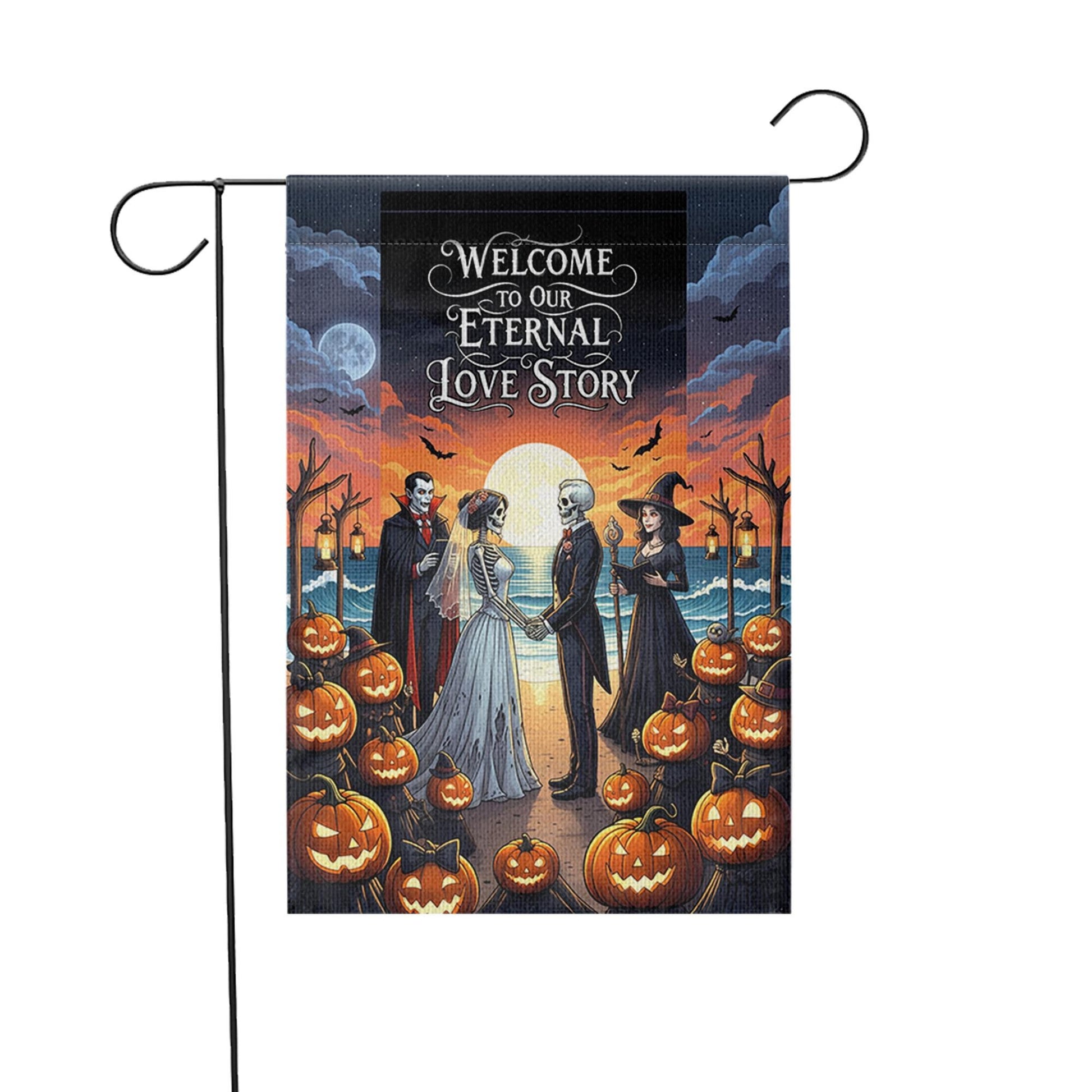 Eternal Love Story Halloween Wedding Garden Flag, Gothic Bride Groom Skeleton Decor, Spooky Fall Outdoor Pumpkin Banner