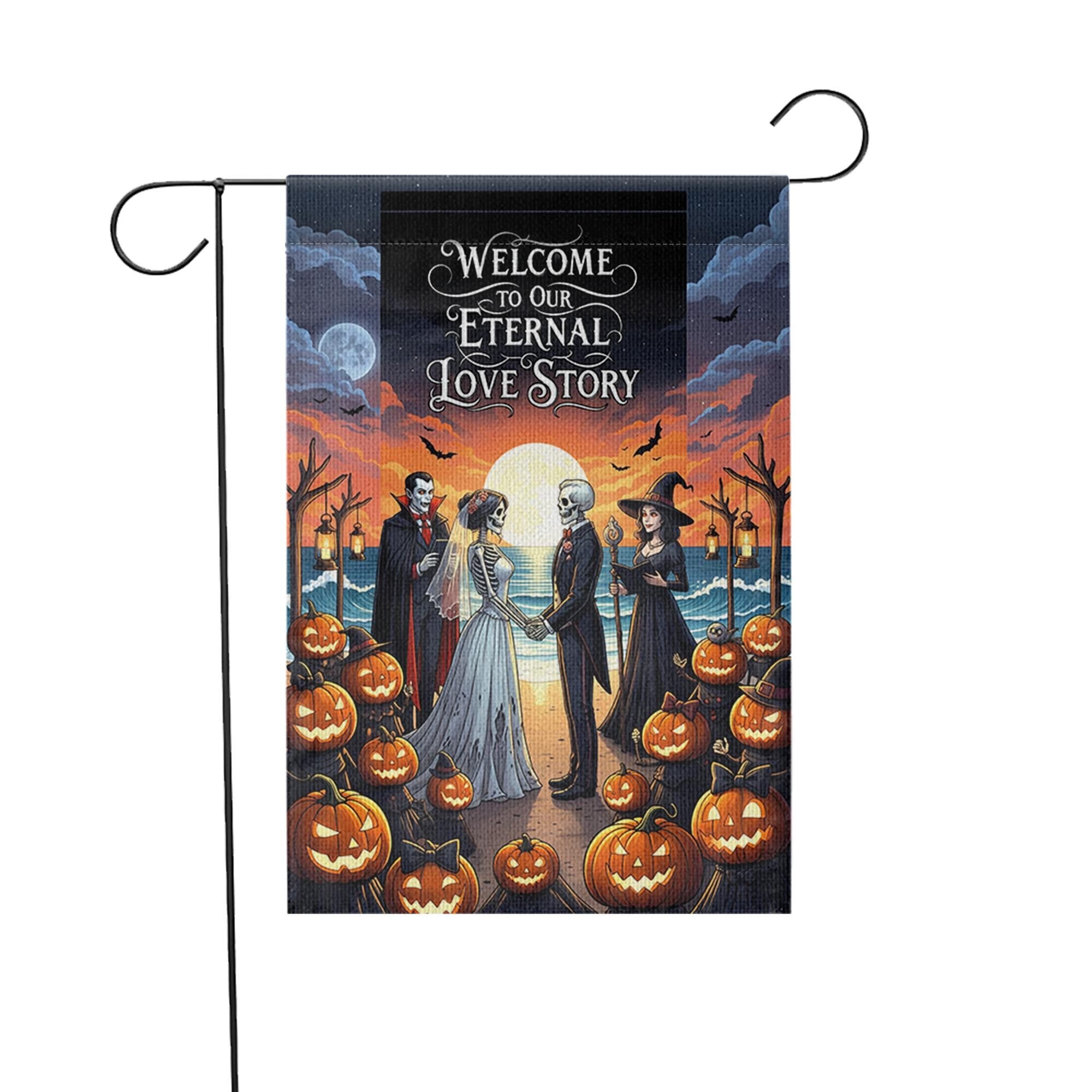 Eternal Love Story Halloween Wedding Garden Flag, Gothic Bride Groom Skeleton Decor, Spooky Fall Outdoor Pumpkin Banner