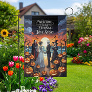 Eternal Love Story Halloween Wedding Garden Flag, Gothic Bride Groom Skeleton Decor, Spooky Fall Outdoor Pumpkin Banner