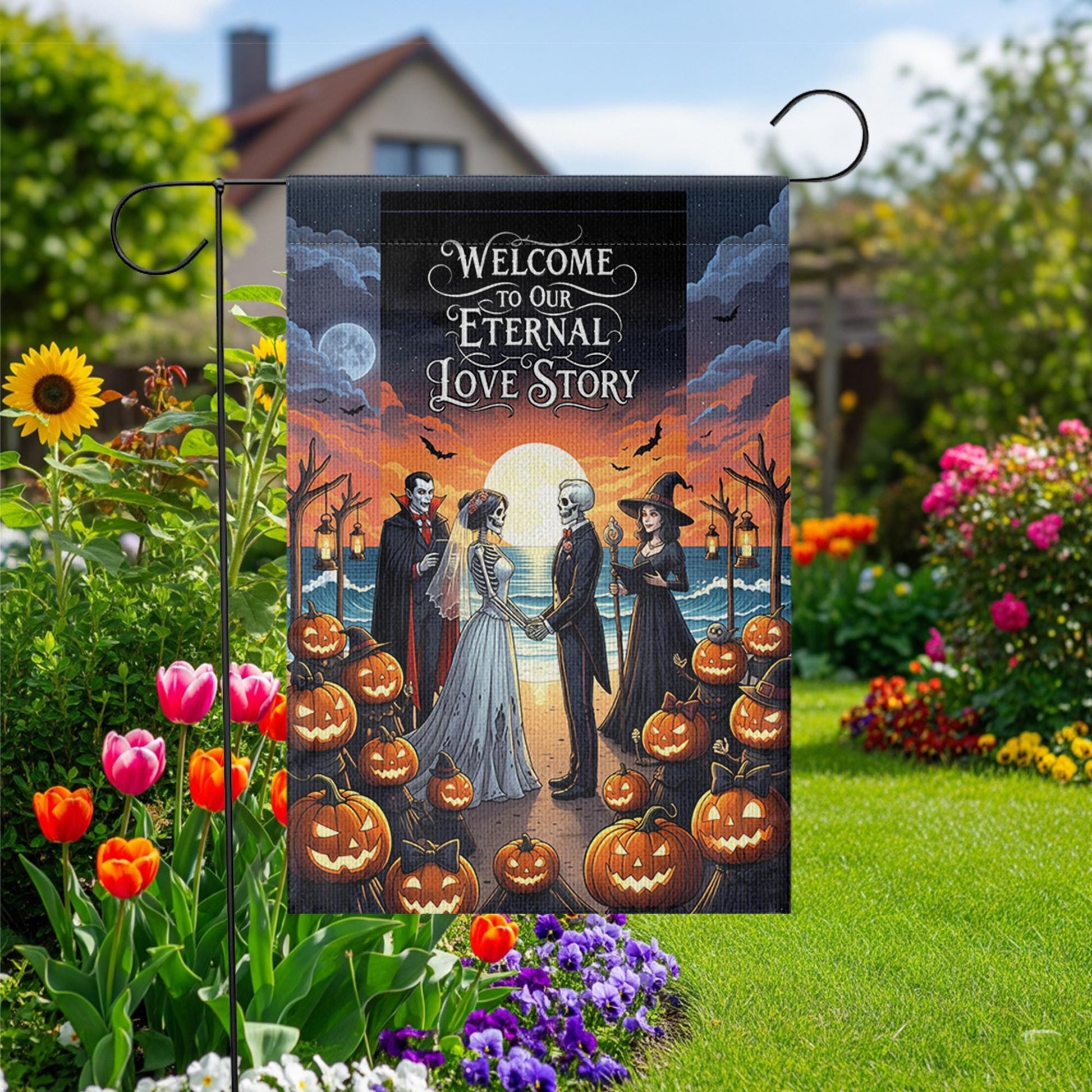 Eternal Love Story Halloween Wedding Garden Flag, Gothic Bride Groom Skeleton Decor, Spooky Fall Outdoor Pumpkin Banner