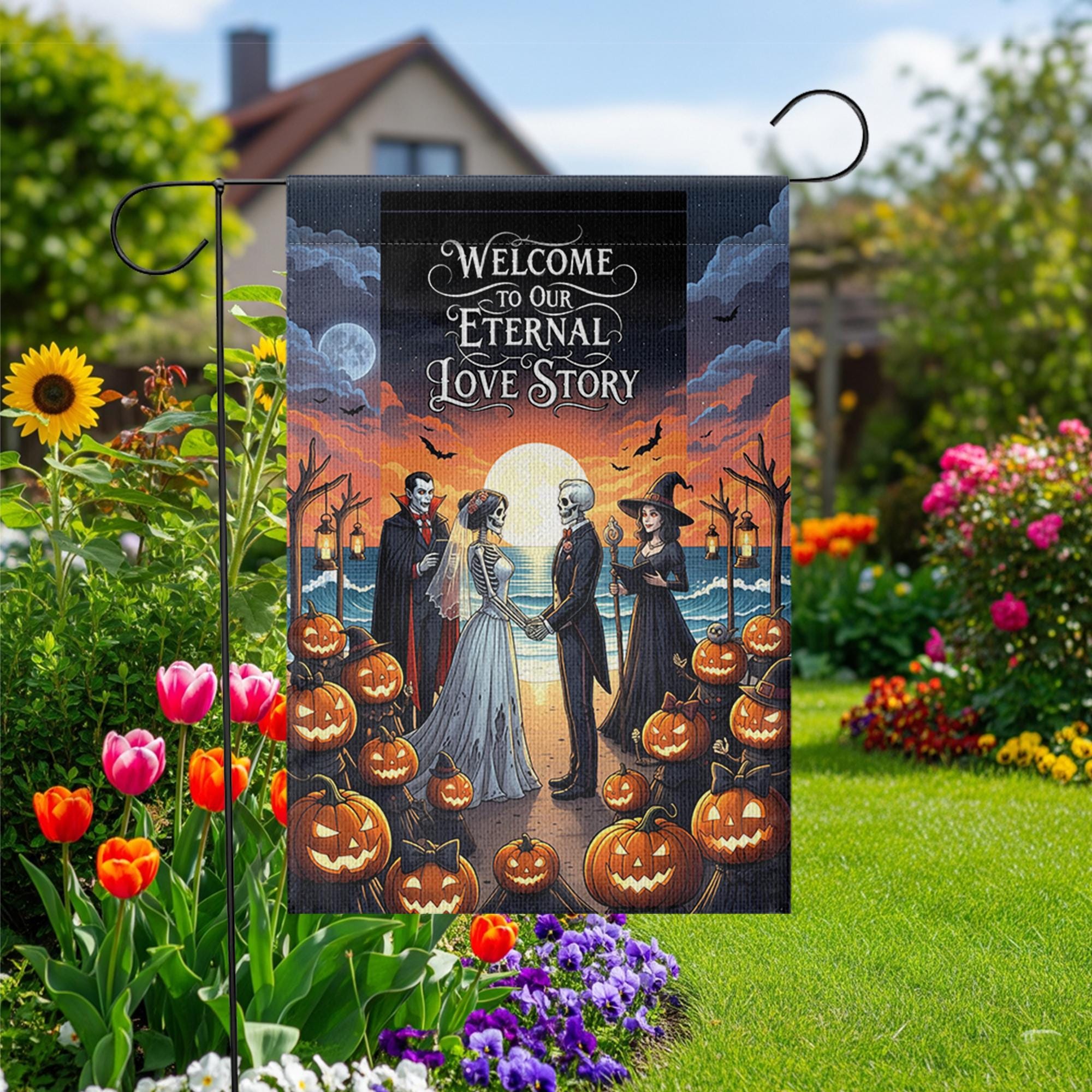 Eternal Love Story Halloween Wedding Garden Flag, Gothic Bride Groom Skeleton Decor, Spooky Fall Outdoor Pumpkin Banner