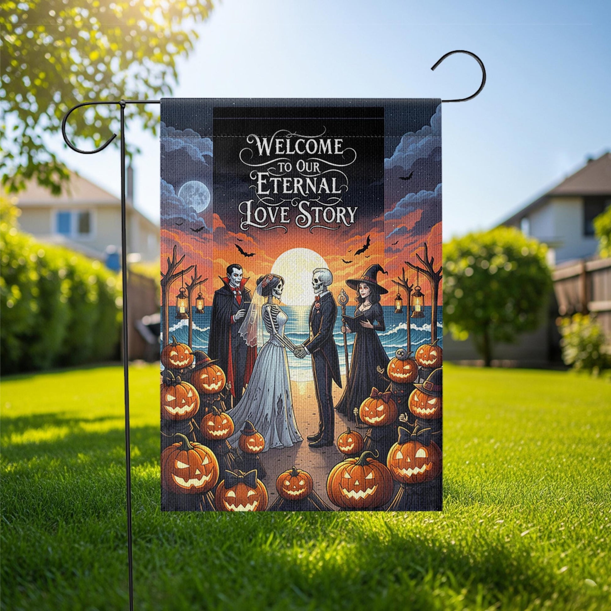Eternal Love Story Halloween Wedding Garden Flag, Gothic Bride Groom Skeleton Decor, Spooky Fall Outdoor Pumpkin Banner