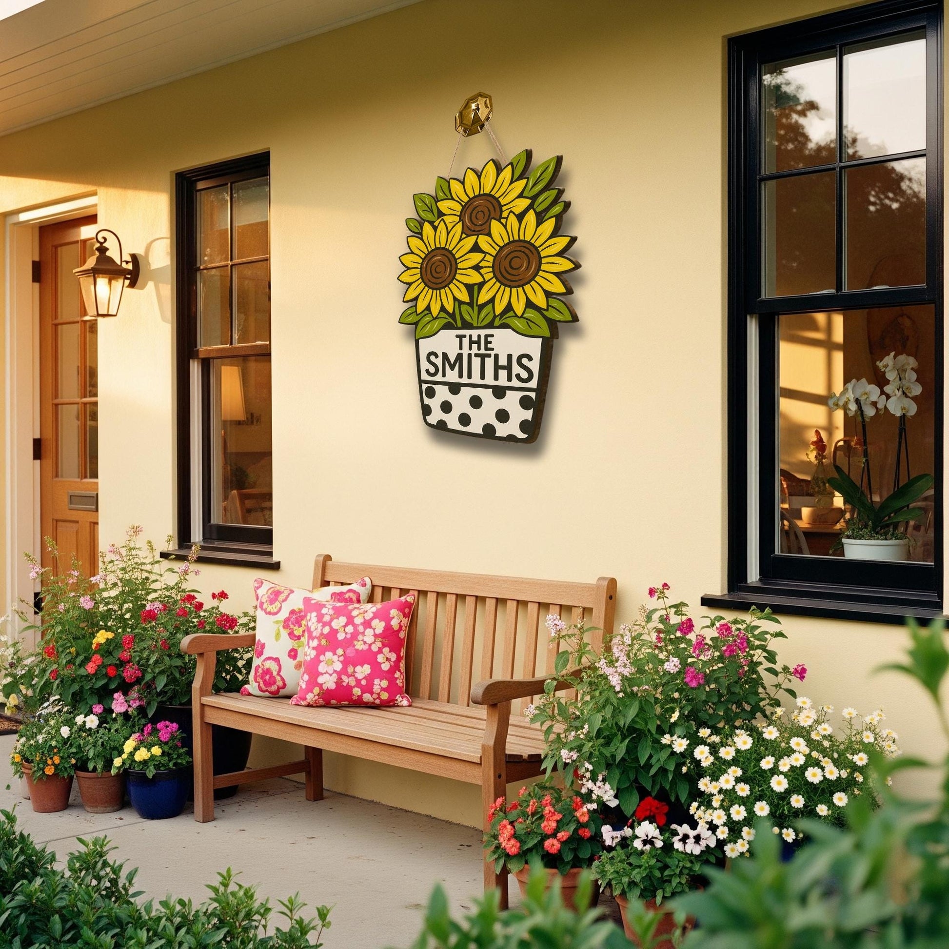 Sunflower Door Hanger, Personalized Family Name Sign, Custom Wooden Front Door Decor, Rustic Floral Summer Porch Accent