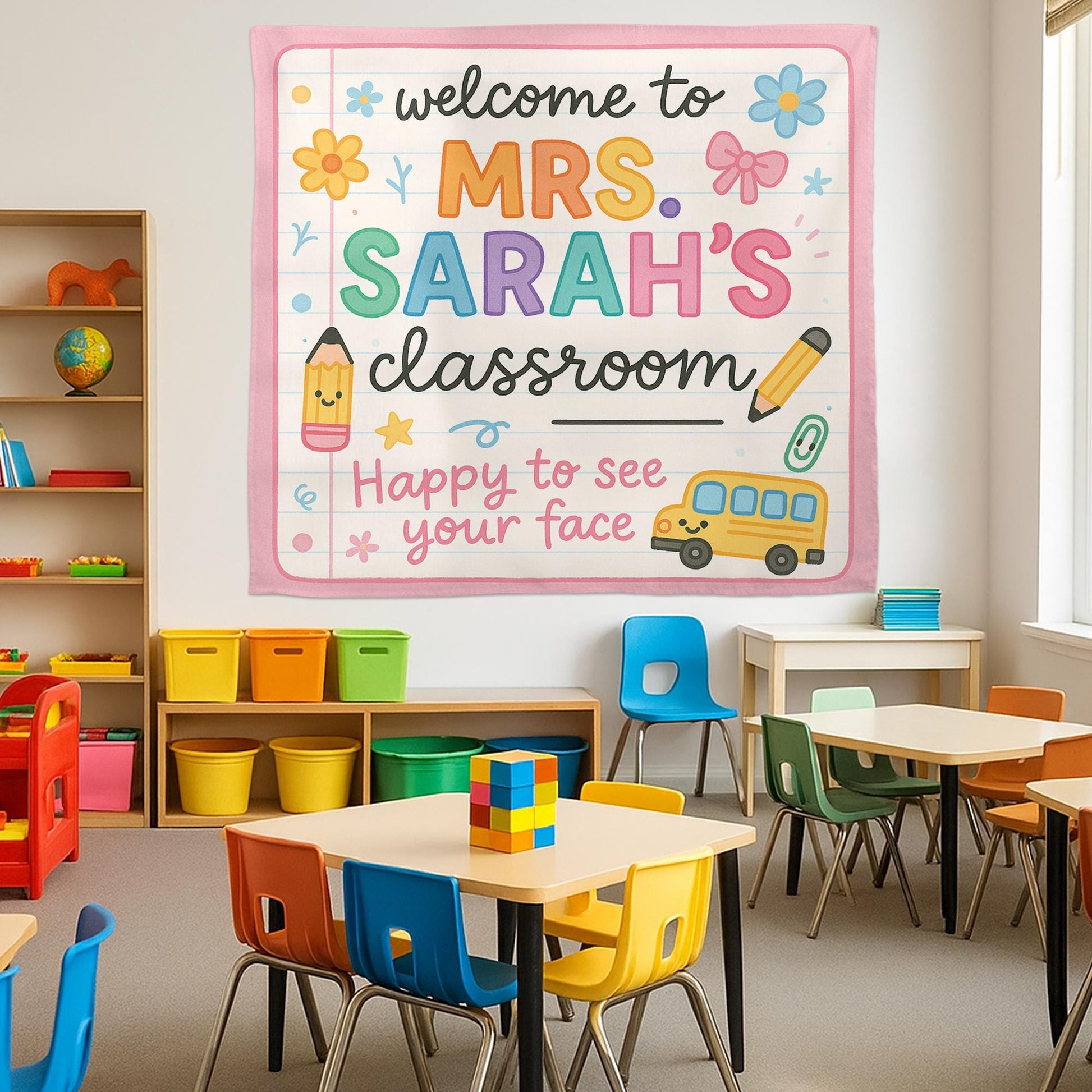 Personalized Classroom Tapestry, Welcome Back to School Sign, Teacher Wall Banner, Custom Name Decor for Kindergarten or Elementary