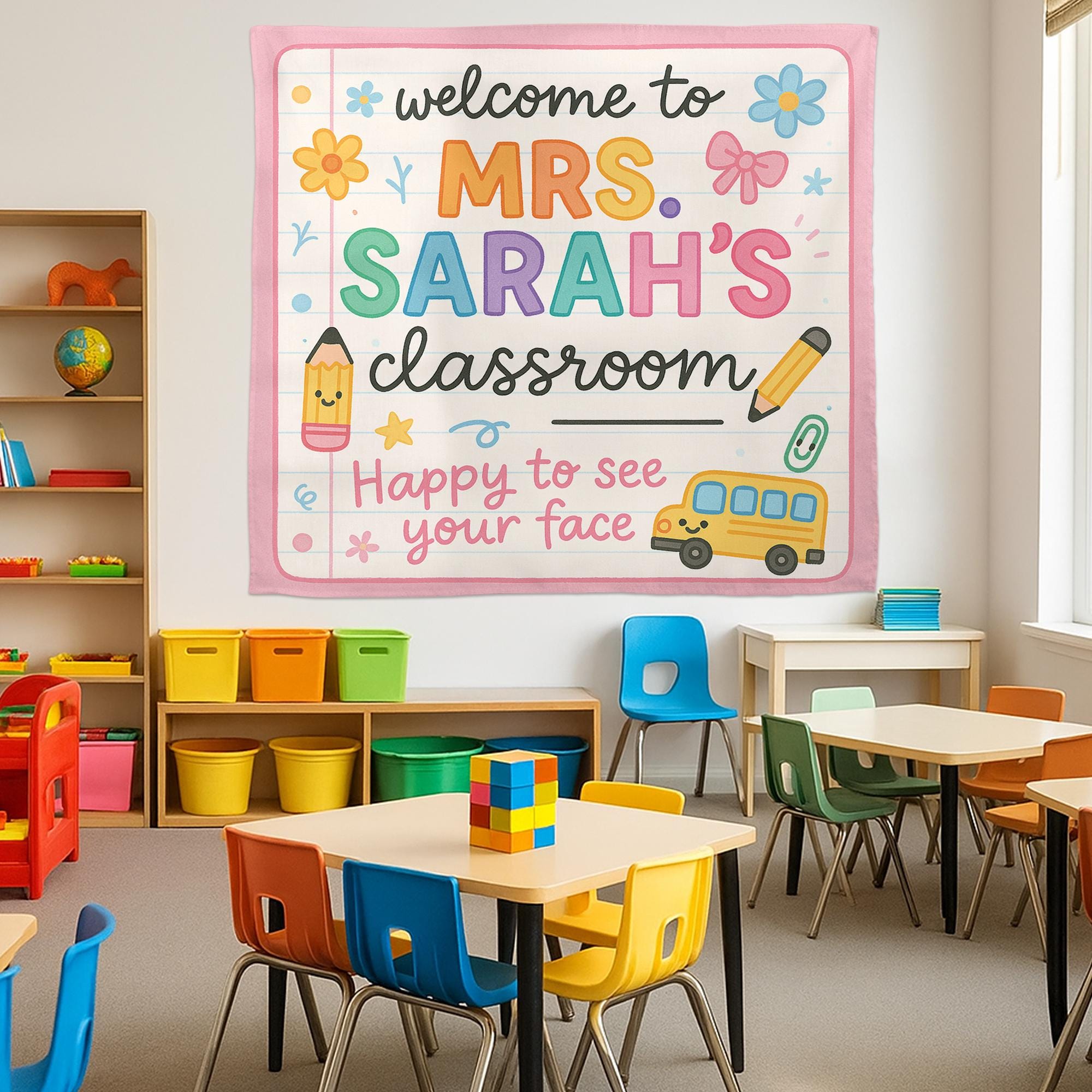 Personalized Classroom Tapestry, Welcome Back to School Sign, Teacher Wall Banner, Custom Name Decor for Kindergarten or Elementary