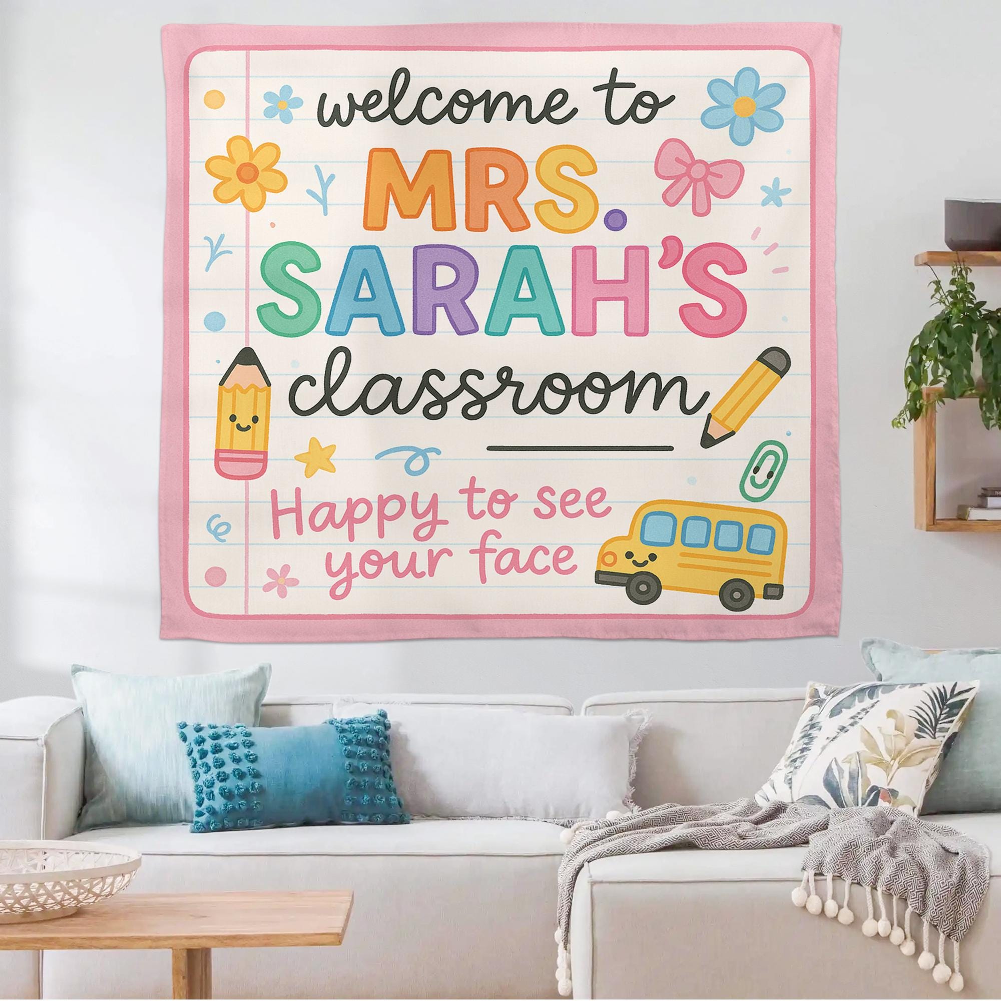 Personalized Classroom Tapestry, Welcome Back to School Sign, Teacher Wall Banner, Custom Name Decor for Kindergarten or Elementary