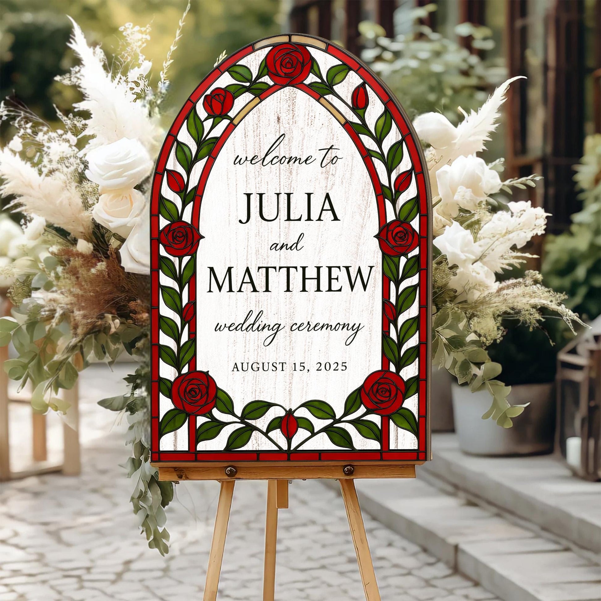 Wedding Sign – Custom Welcome Sign for Ceremony or Reception, Personalized Red Rose Wedding Decor, Elegant Event decor