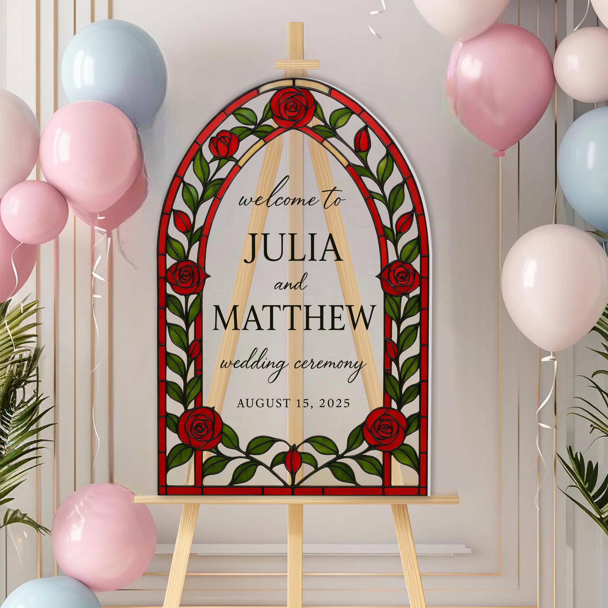 Wedding Sign – Custom Welcome Sign for Ceremony or Reception, Personalized Red Rose Wedding Decor, Elegant Event decor