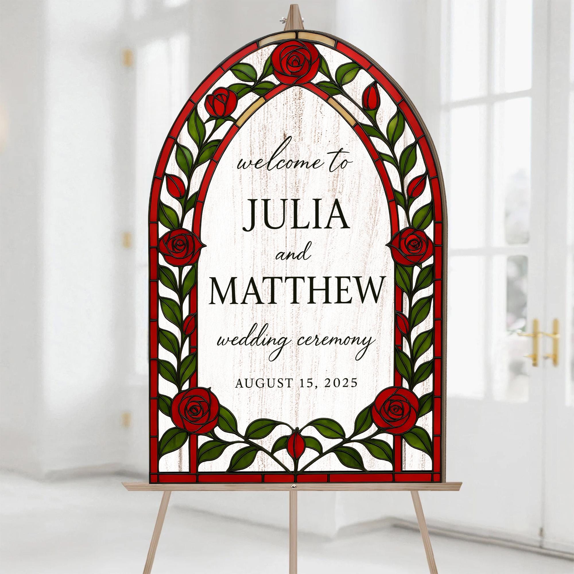 Wedding Sign – Custom Welcome Sign for Ceremony or Reception, Personalized Red Rose Wedding Decor, Elegant Event decor