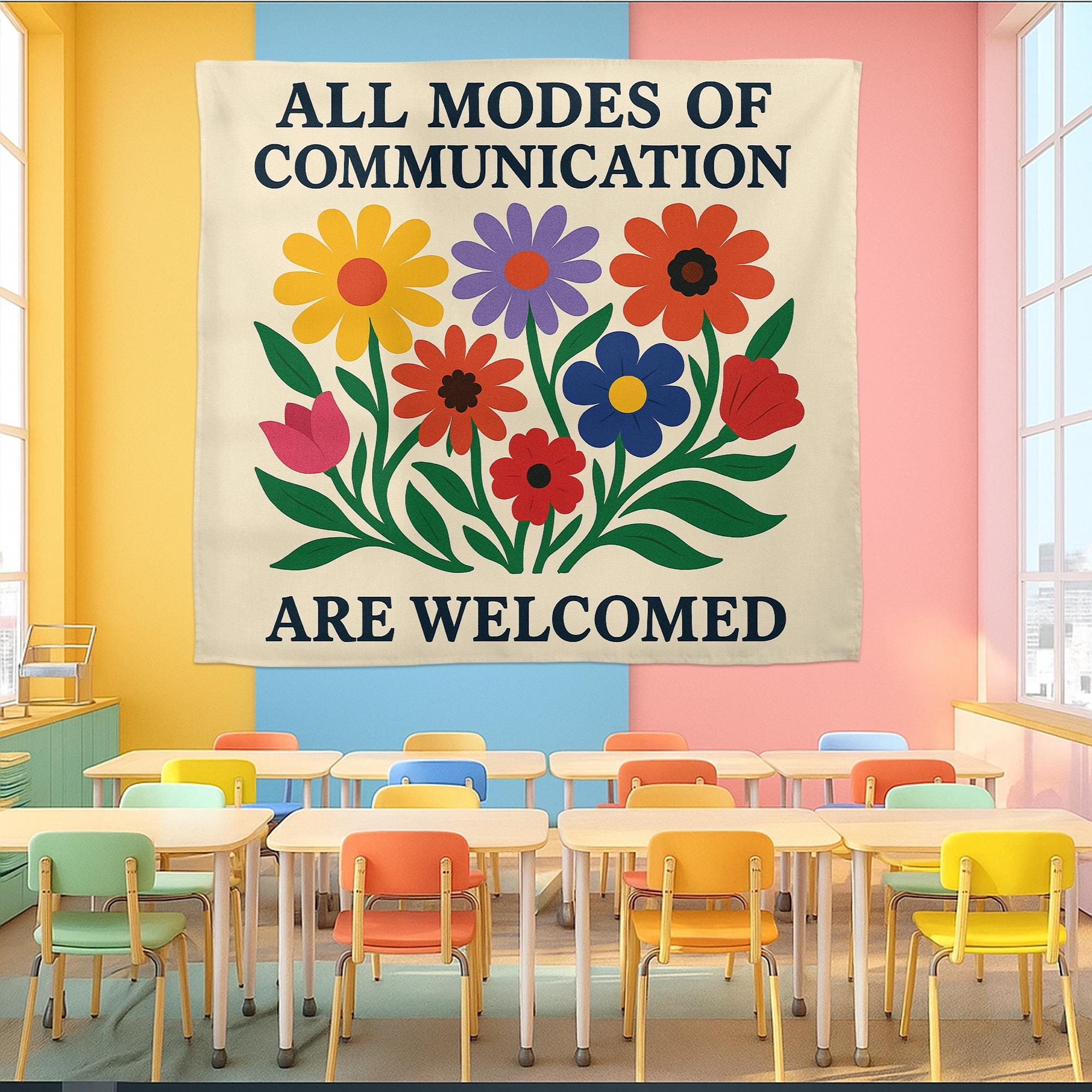 Inclusive Classroom Tapestry, All Communication Welcome Sign, Flower Wall Decor for Teachers, Neurodiversity Affirmation Banner