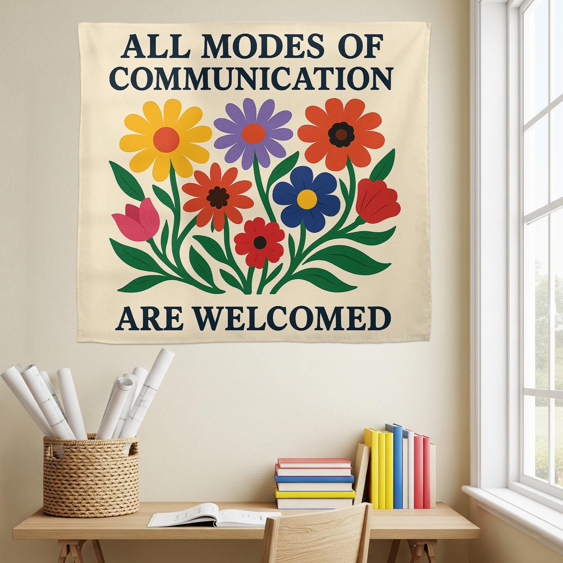 Inclusive Classroom Tapestry, All Communication Welcome Sign, Flower Wall Decor for Teachers, Neurodiversity Affirmation Banner