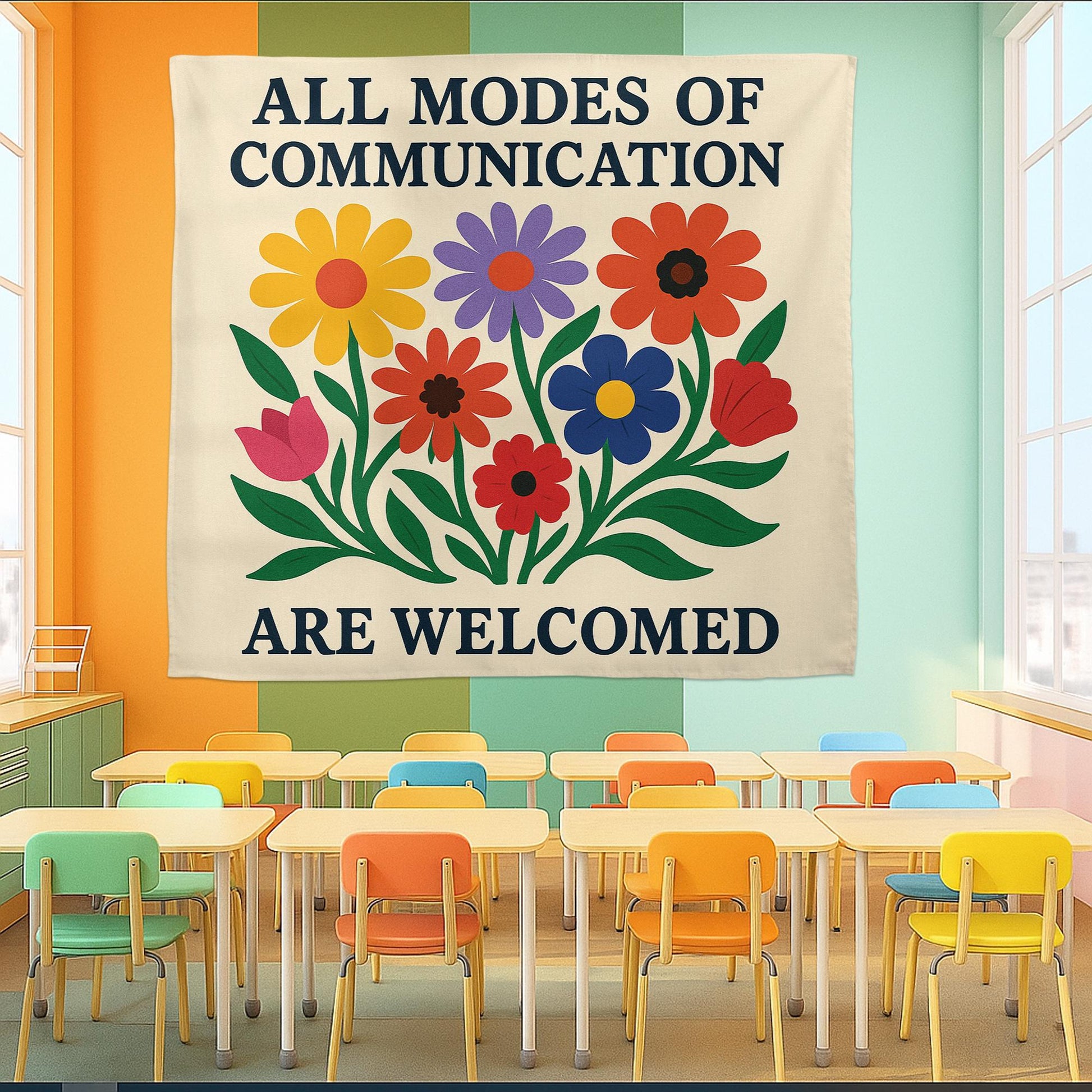 Inclusive Classroom Tapestry, All Communication Welcome Sign, Flower Wall Decor for Teachers, Neurodiversity Affirmation Banner