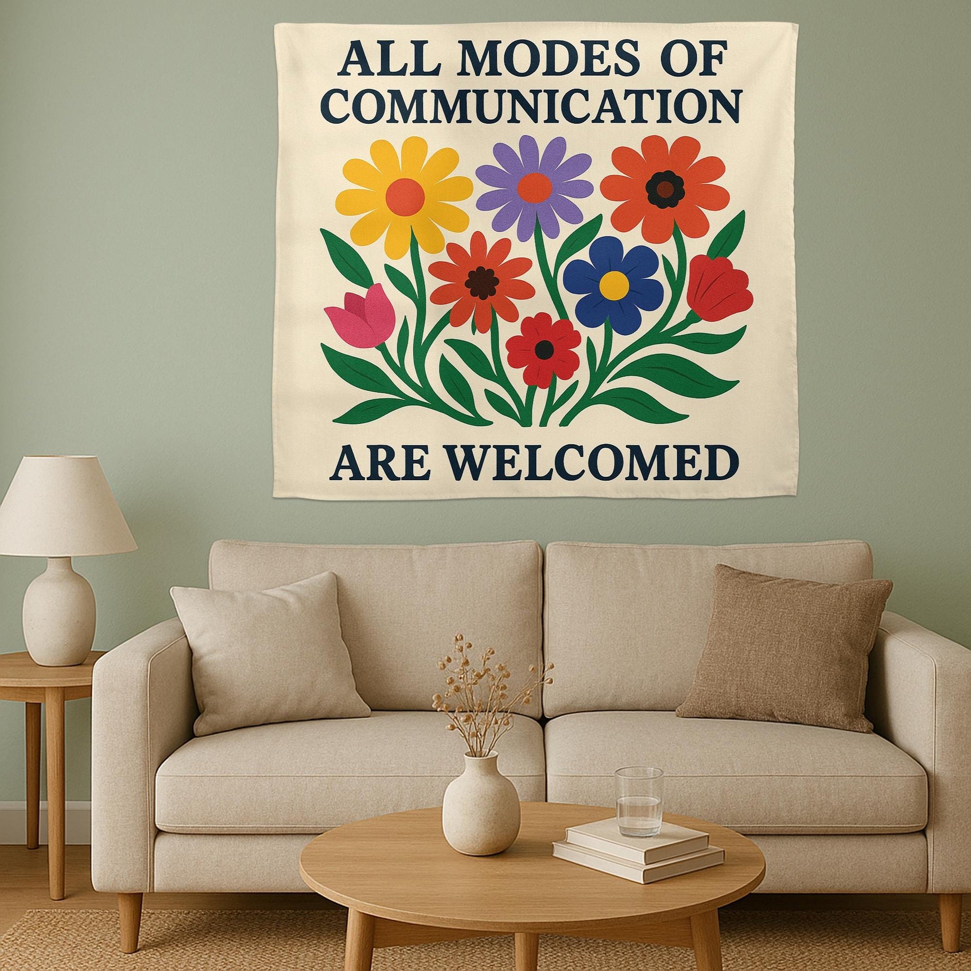 Inclusive Classroom Tapestry, All Communication Welcome Sign, Flower Wall Decor for Teachers, Neurodiversity Affirmation Banner