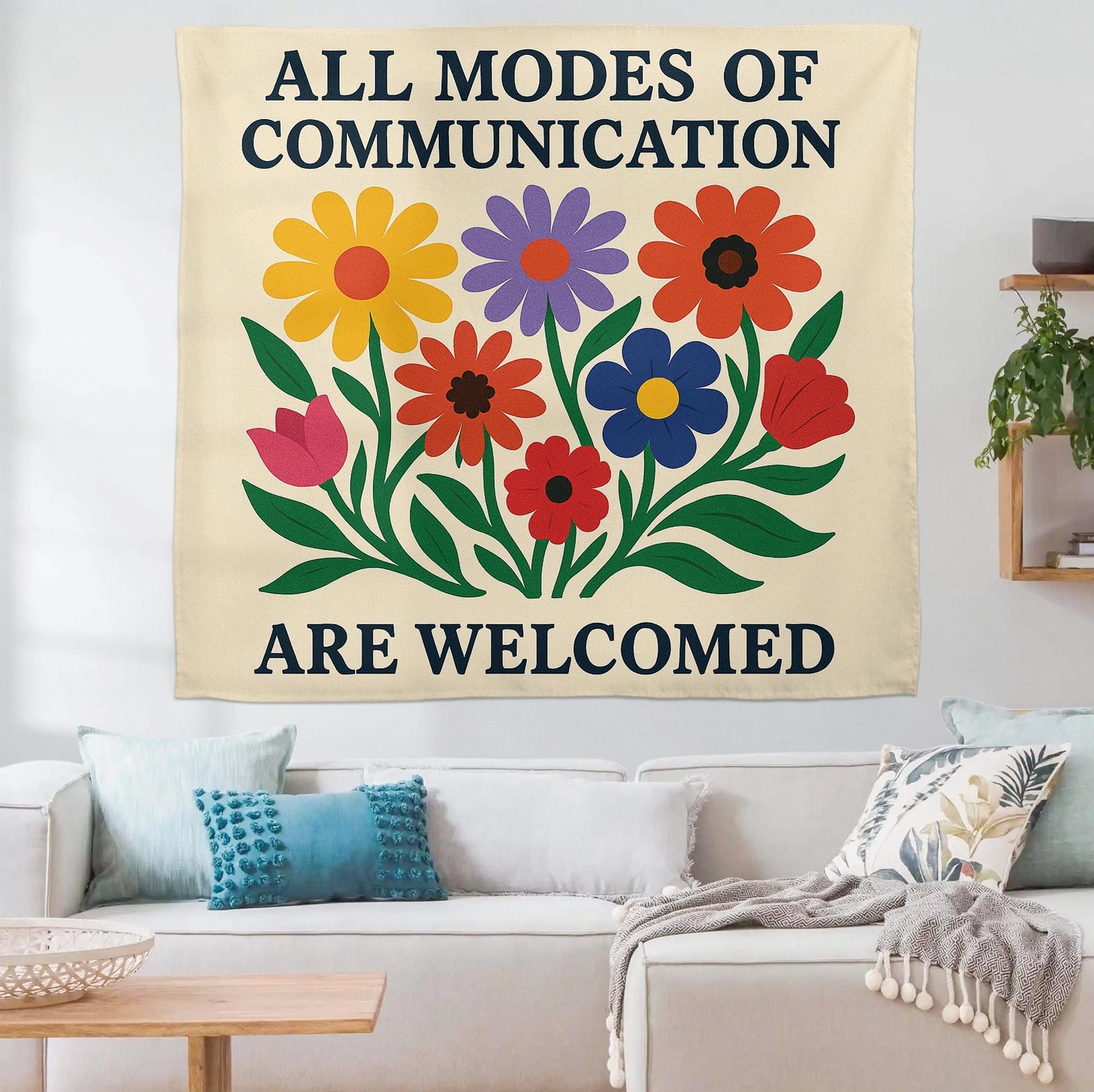 Inclusive Classroom Tapestry, All Communication Welcome Sign, Flower Wall Decor for Teachers, Neurodiversity Affirmation Banner