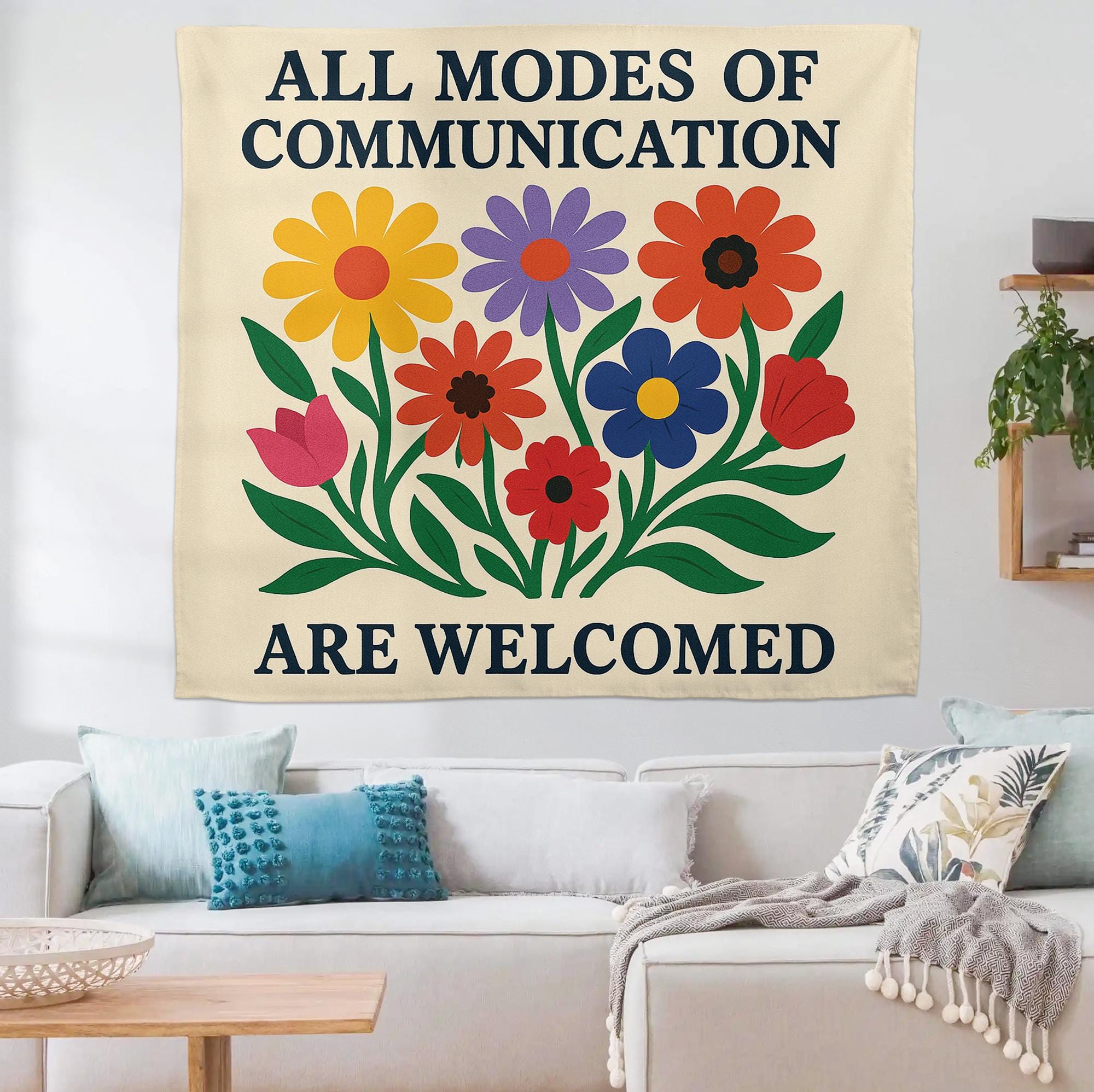 Inclusive Classroom Tapestry, All Communication Welcome Sign, Flower Wall Decor for Teachers, Neurodiversity Affirmation Banner