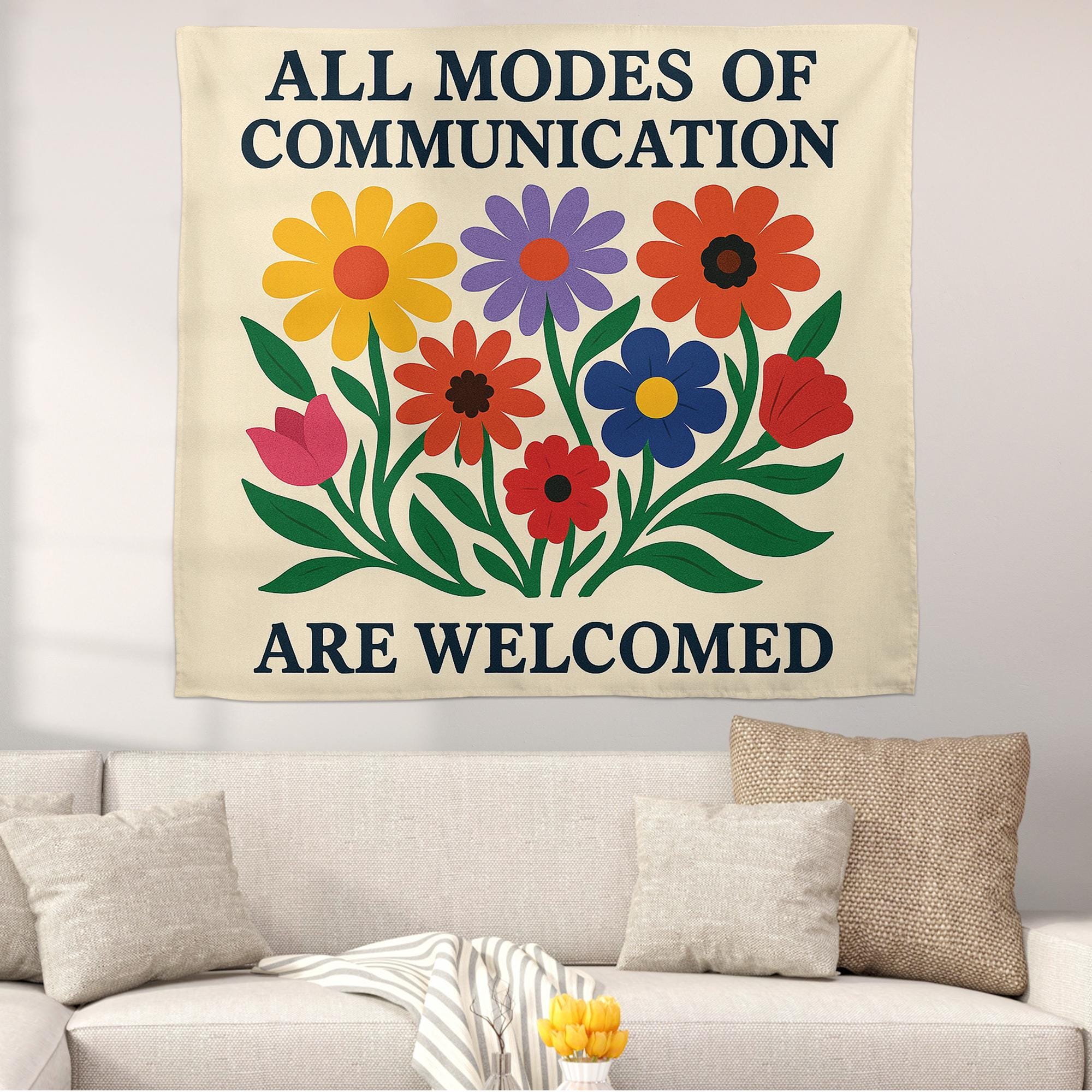 Inclusive Classroom Tapestry, All Communication Welcome Sign, Flower Wall Decor for Teachers, Neurodiversity Affirmation Banner