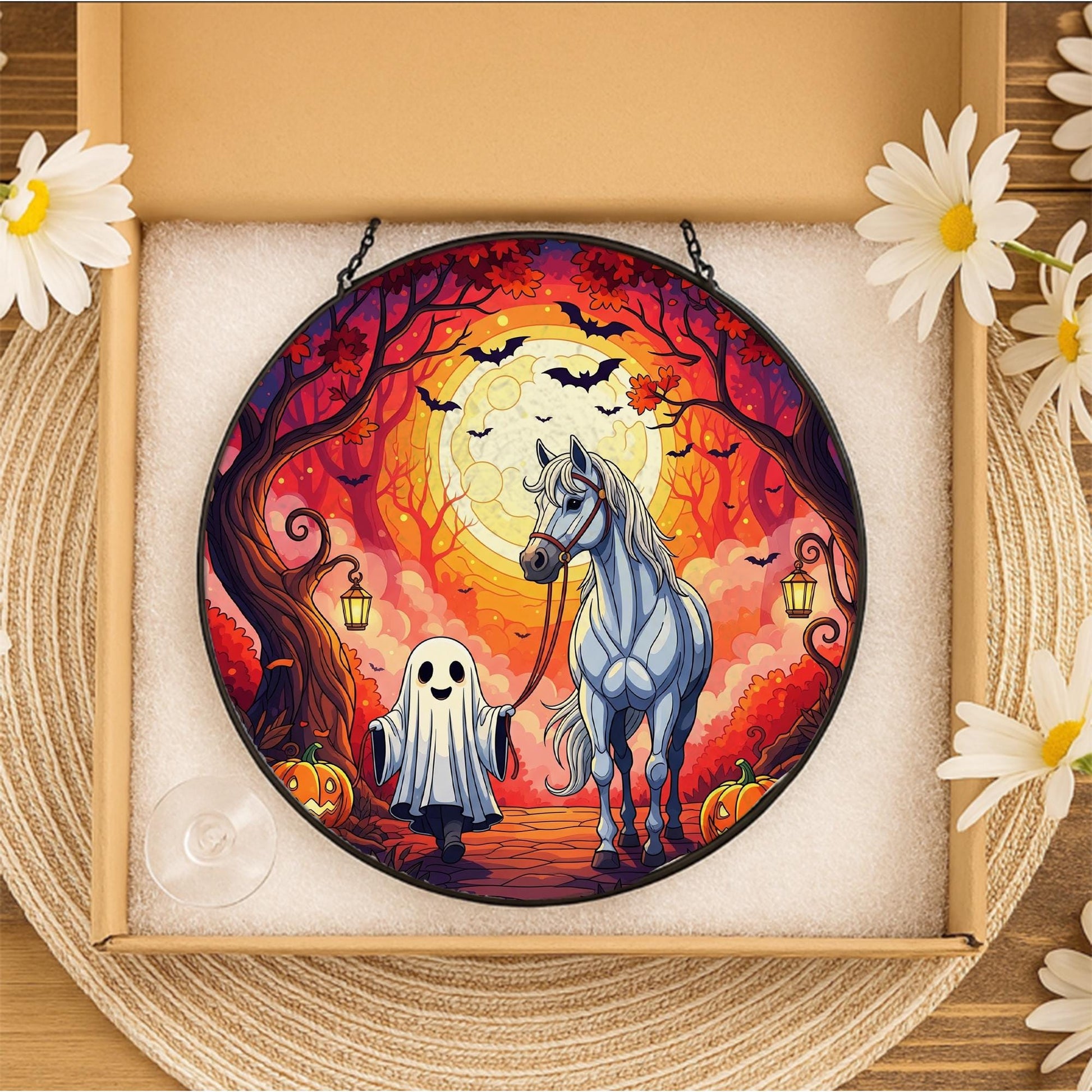 Ghost and Horse Stained Glass Sun Catcher, Halloween Autumn Window Hanging, Cute Fall Pumpkin Decor, Spooky Gothic Home Ornament