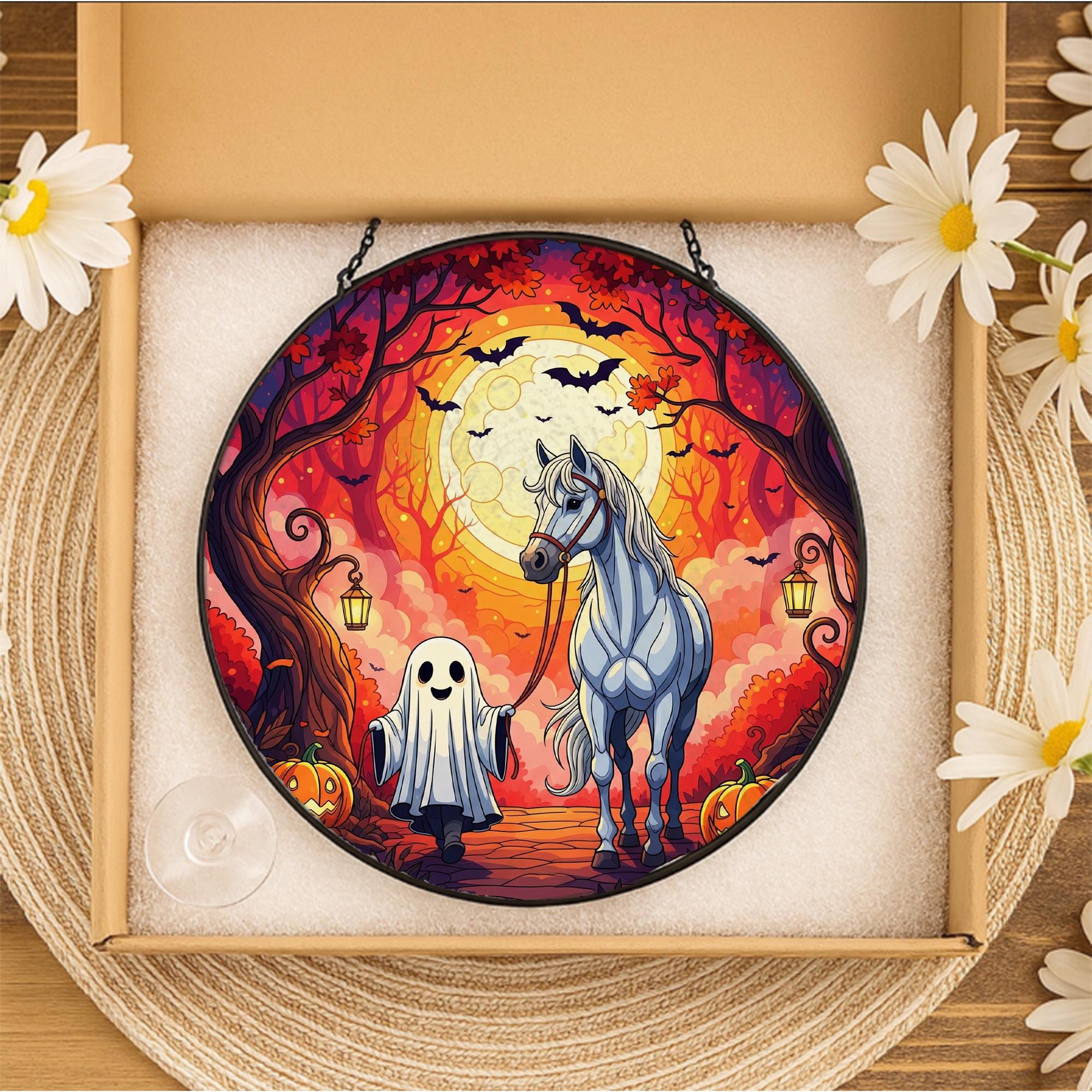 Ghost and Horse Stained Glass Sun Catcher, Halloween Autumn Window Hanging, Cute Fall Pumpkin Decor, Spooky Gothic Home Ornament