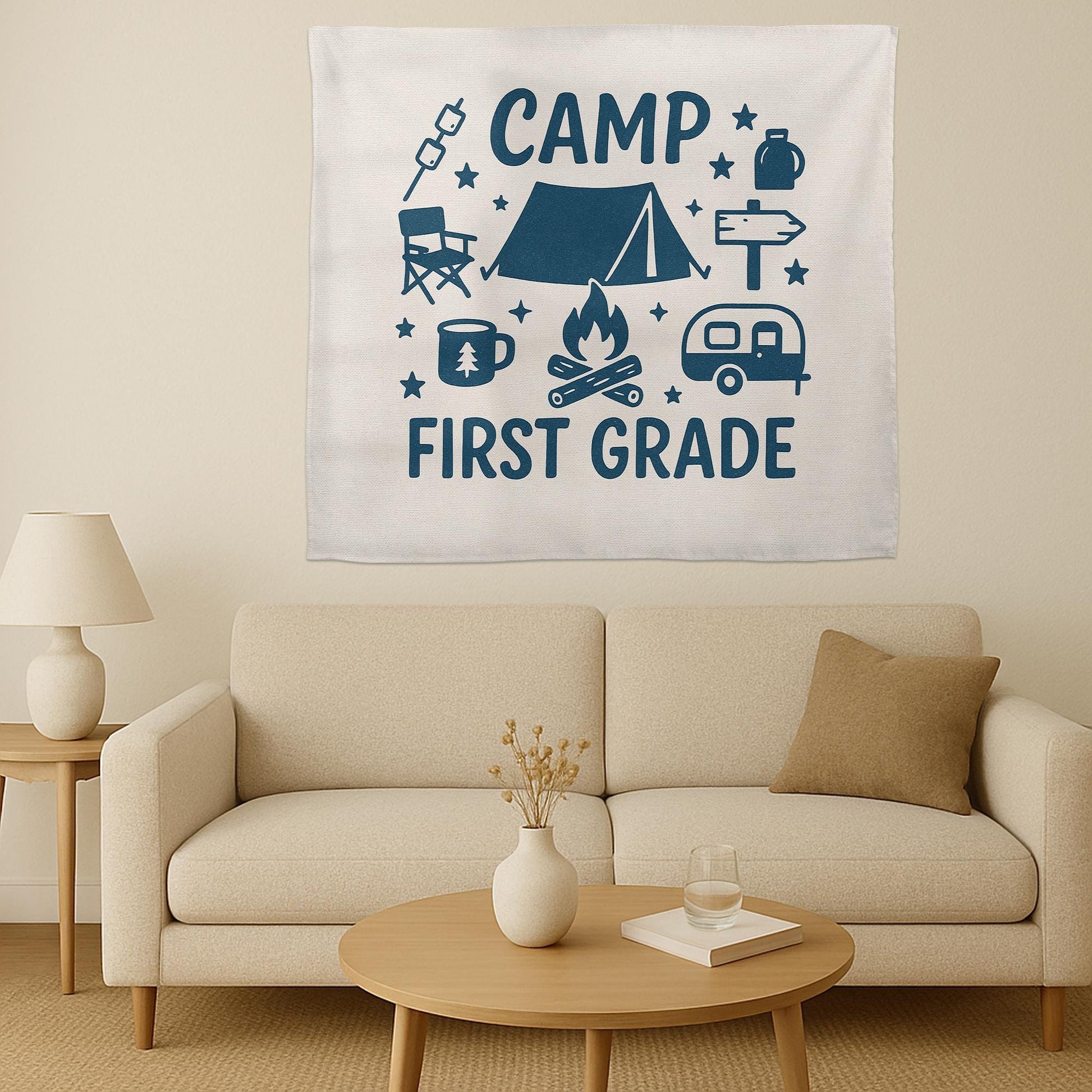 Camp First Grade Tapestry, Camping Classroom Decor for Teachers, Adventure Theme Wall Banner, Back to School First Grade Sign