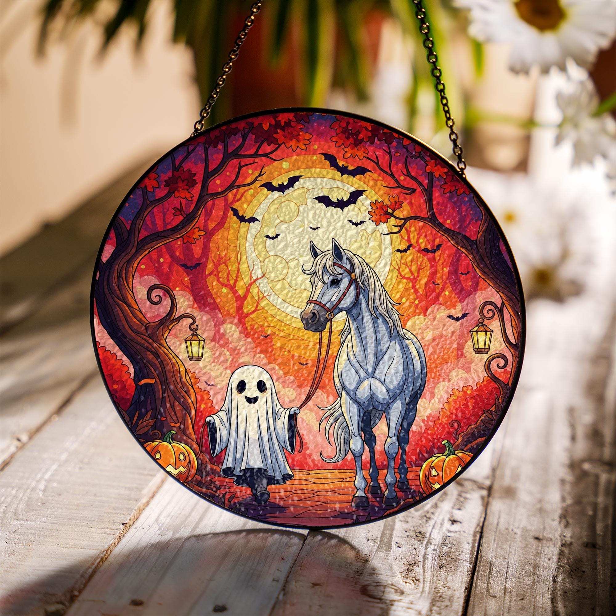 Ghost and Horse Stained Glass Sun Catcher, Halloween Autumn Window Hanging, Cute Fall Pumpkin Decor, Spooky Gothic Home Ornament