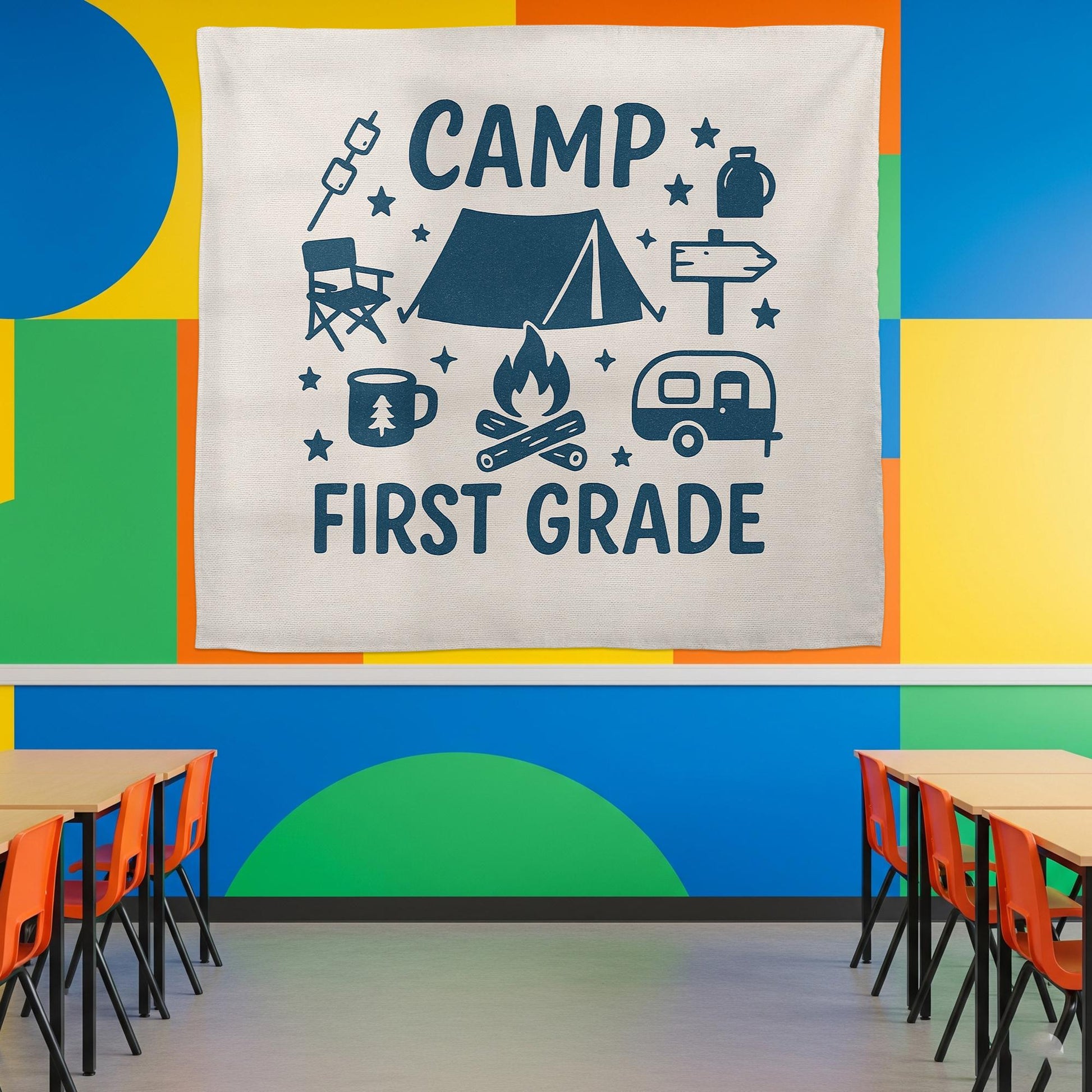 Camp First Grade Tapestry, Camping Classroom Decor for Teachers, Adventure Theme Wall Banner, Back to School First Grade Sign