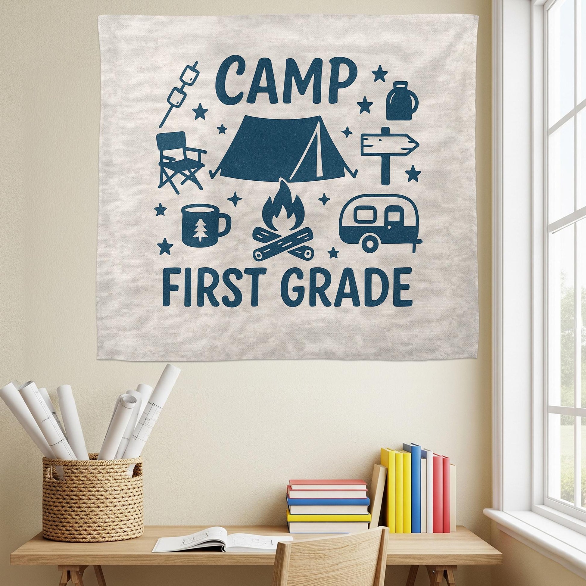 Camp First Grade Tapestry, Camping Classroom Decor for Teachers, Adventure Theme Wall Banner, Back to School First Grade Sign