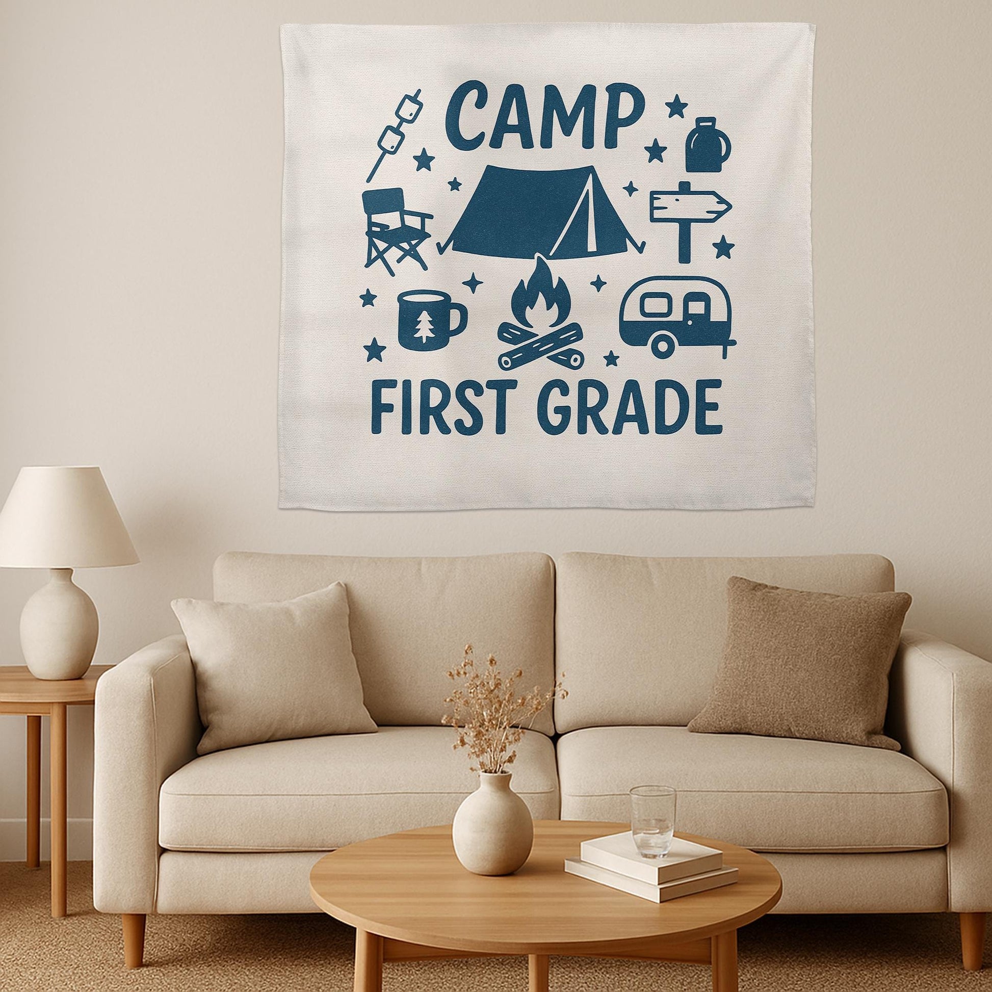 Camp First Grade Tapestry, Camping Classroom Decor for Teachers, Adventure Theme Wall Banner, Back to School First Grade Sign