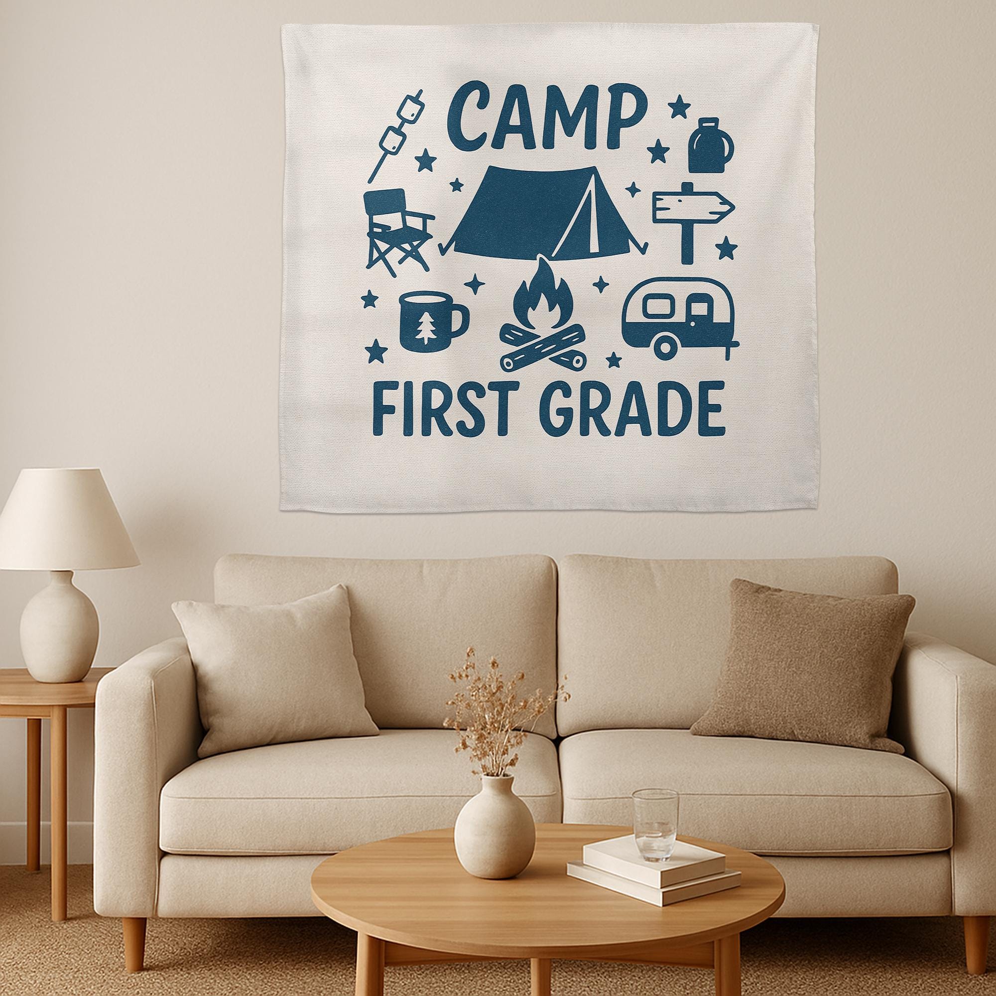 Camp First Grade Tapestry, Camping Classroom Decor for Teachers, Adventure Theme Wall Banner, Back to School First Grade Sign