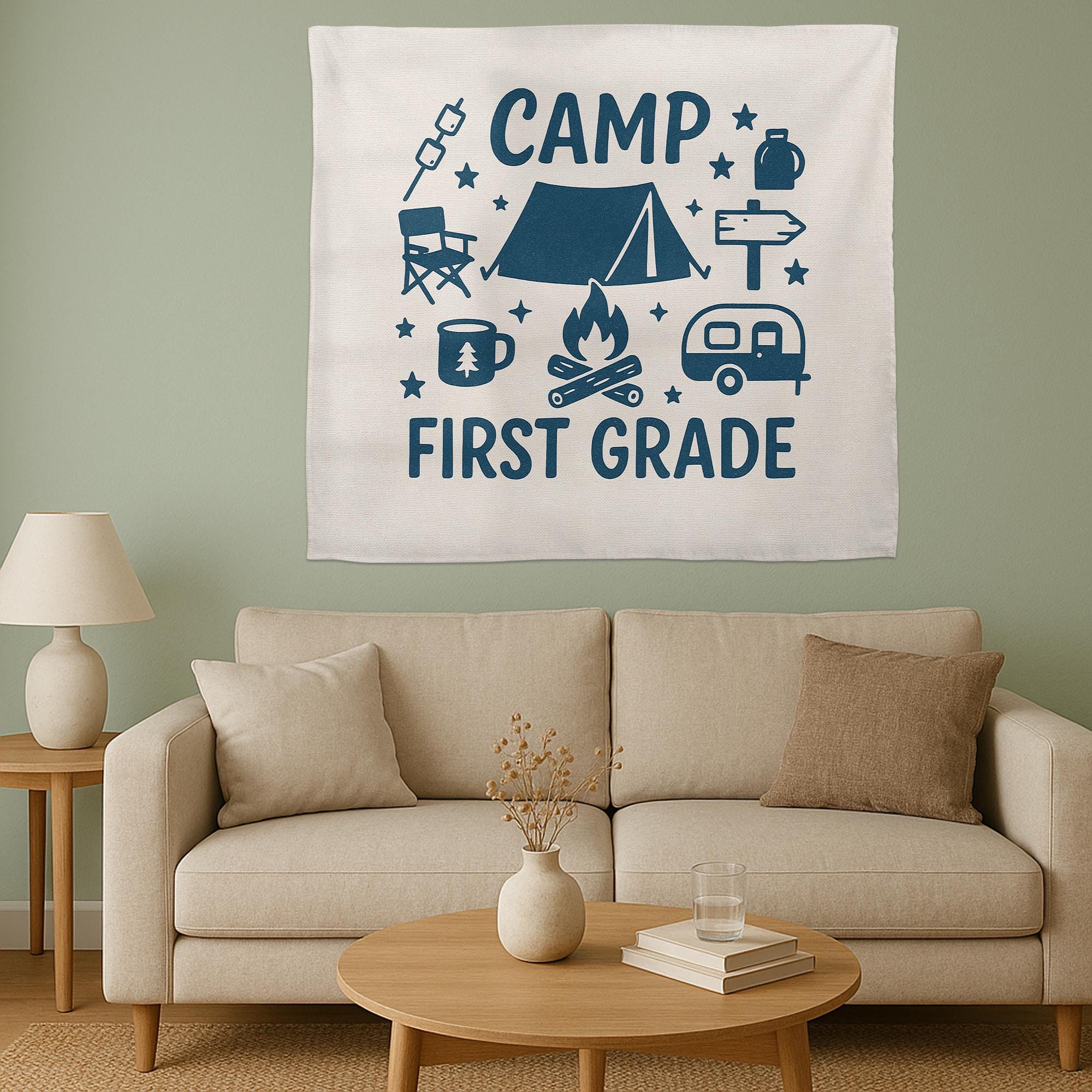 Camp First Grade Tapestry, Camping Classroom Decor for Teachers, Adventure Theme Wall Banner, Back to School First Grade Sign