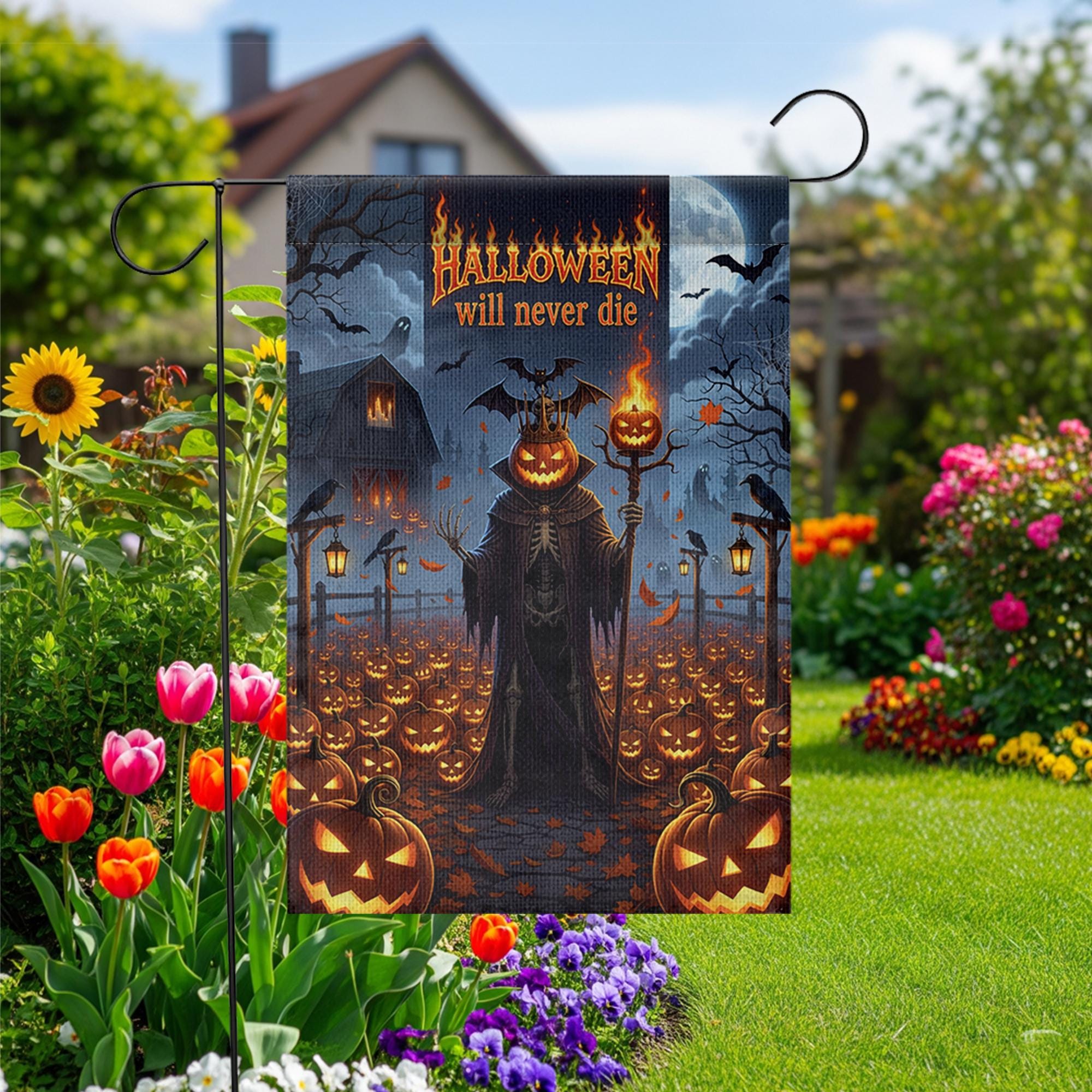 Halloween Will Never Die Garden Flag, Gothic Grim Reaper Pumpkin Yard Banner, Spooky Fall Outdoor Haunted House Decor, Scary Autumn Sign