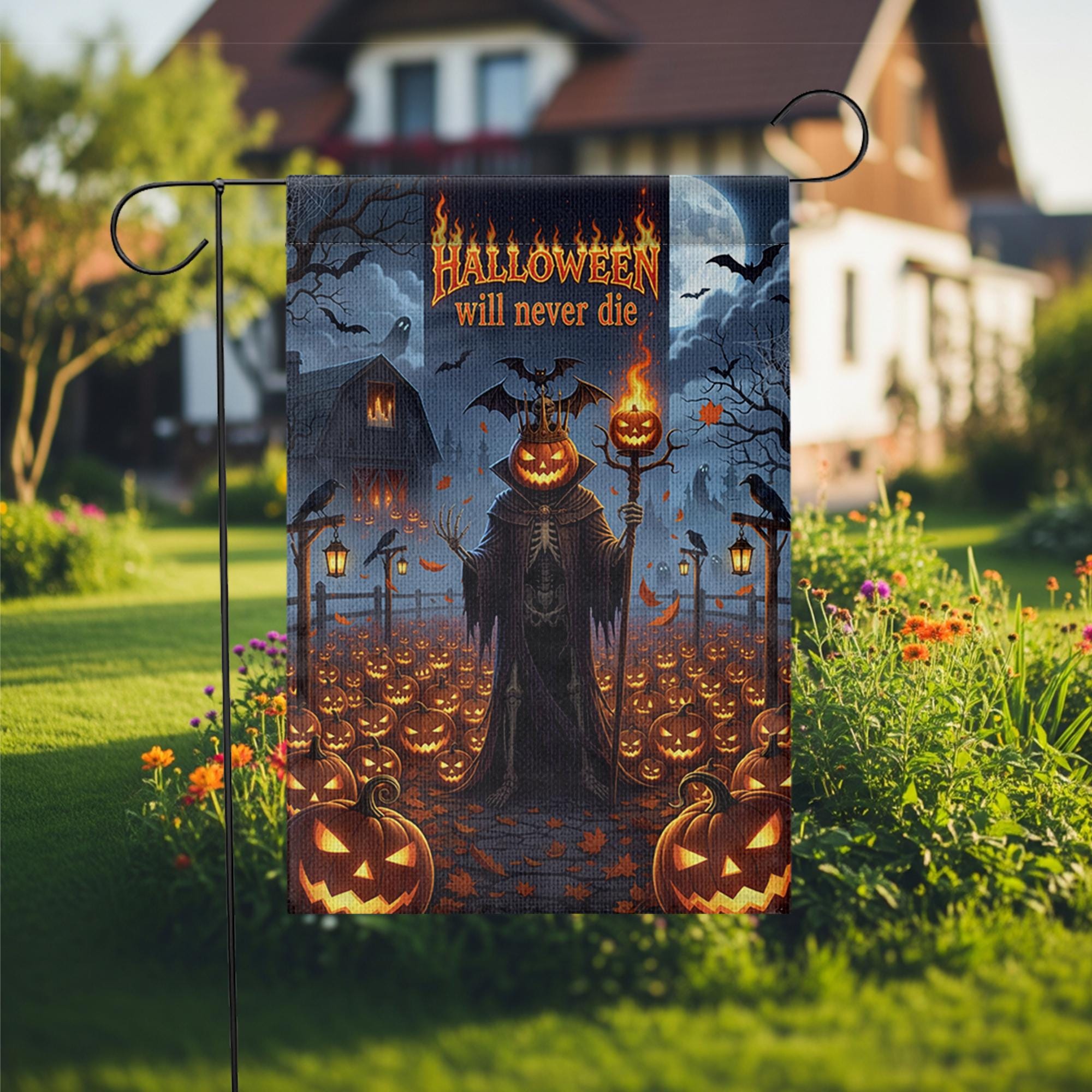 Halloween Will Never Die Garden Flag, Gothic Grim Reaper Pumpkin Yard Banner, Spooky Fall Outdoor Haunted House Decor, Scary Autumn Sign