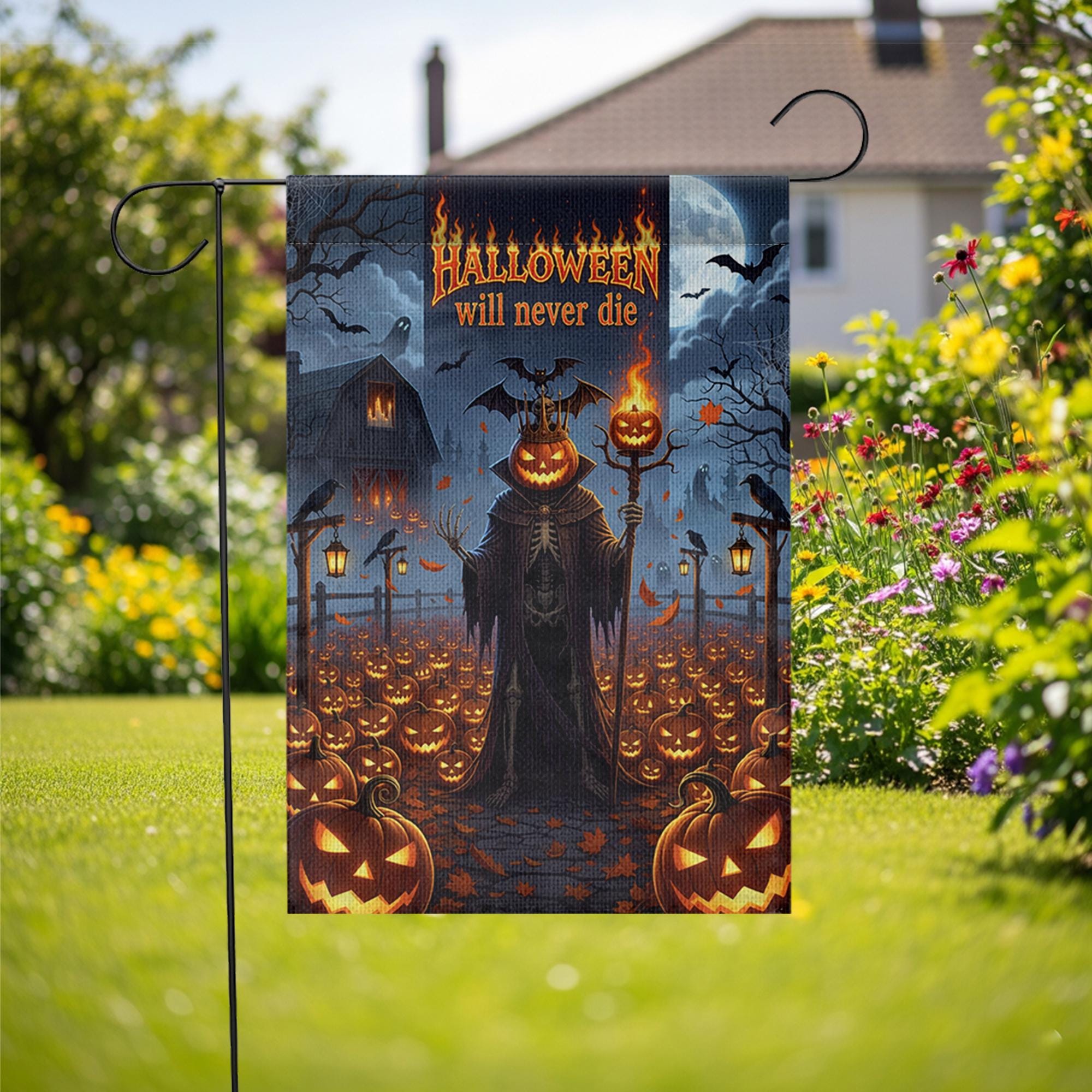 Halloween Will Never Die Garden Flag, Gothic Grim Reaper Pumpkin Yard Banner, Spooky Fall Outdoor Haunted House Decor, Scary Autumn Sign