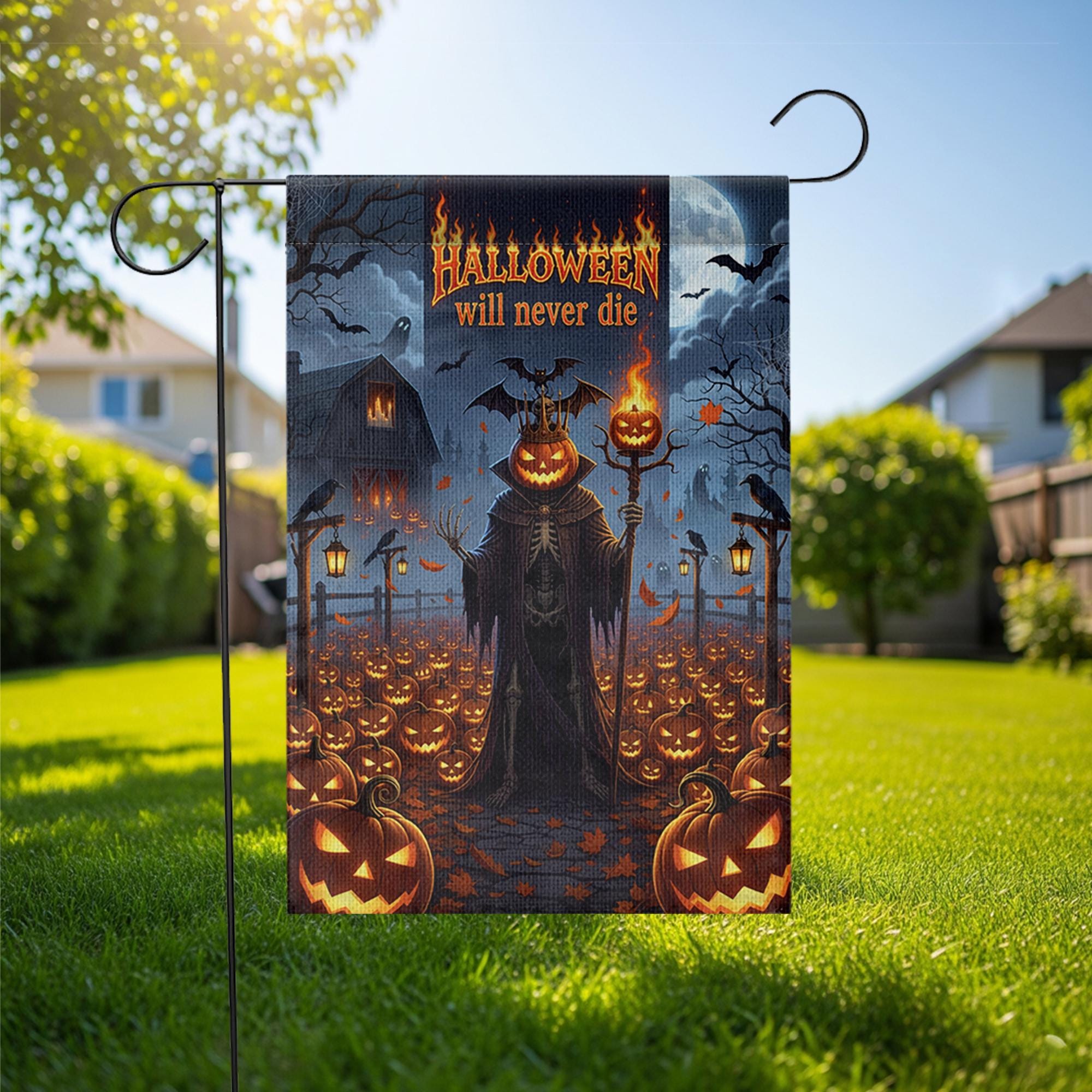 Halloween Will Never Die Garden Flag, Gothic Grim Reaper Pumpkin Yard Banner, Spooky Fall Outdoor Haunted House Decor, Scary Autumn Sign
