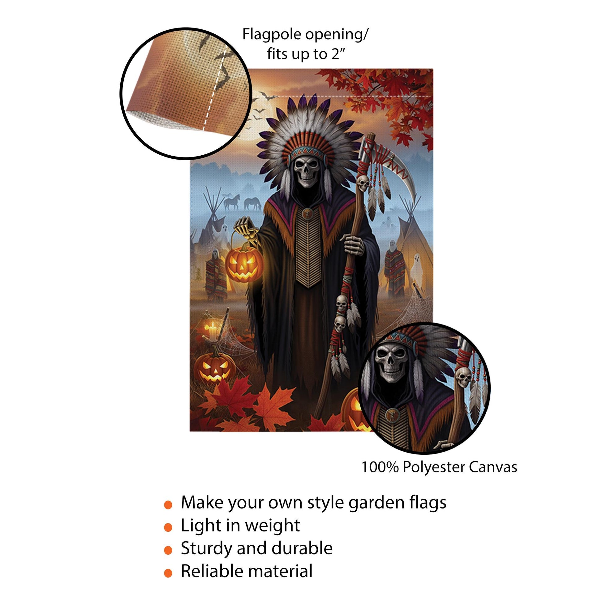 Native Grim Reaper Halloween Garden Flag, Tribal Chief Skeleton Pumpkin Yard Banner, Spooky Fall Outdoor Teepee Decor, Autumn Gothic Sign