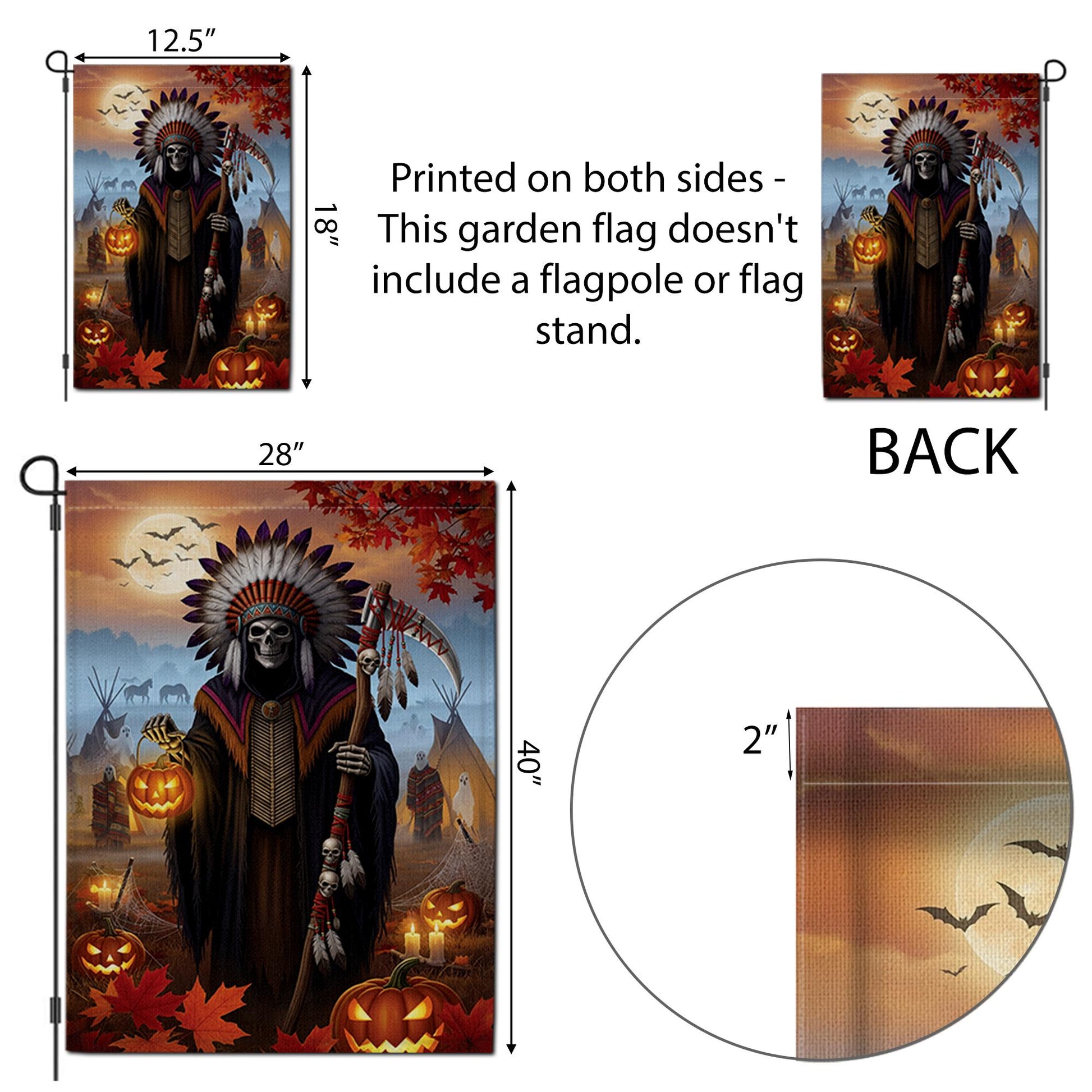 Native Grim Reaper Halloween Garden Flag, Tribal Chief Skeleton Pumpkin Yard Banner, Spooky Fall Outdoor Teepee Decor, Autumn Gothic Sign
