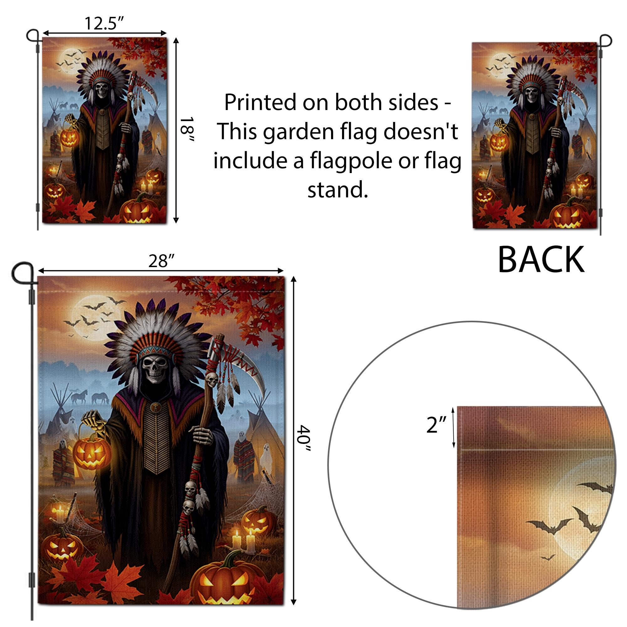 Native Grim Reaper Halloween Garden Flag, Tribal Chief Skeleton Pumpkin Yard Banner, Spooky Fall Outdoor Teepee Decor, Autumn Gothic Sign
