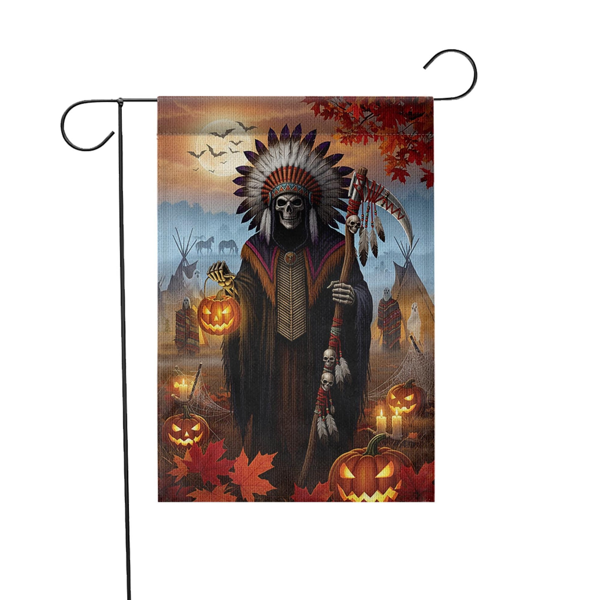 Native Grim Reaper Halloween Garden Flag, Tribal Chief Skeleton Pumpkin Yard Banner, Spooky Fall Outdoor Teepee Decor, Autumn Gothic Sign