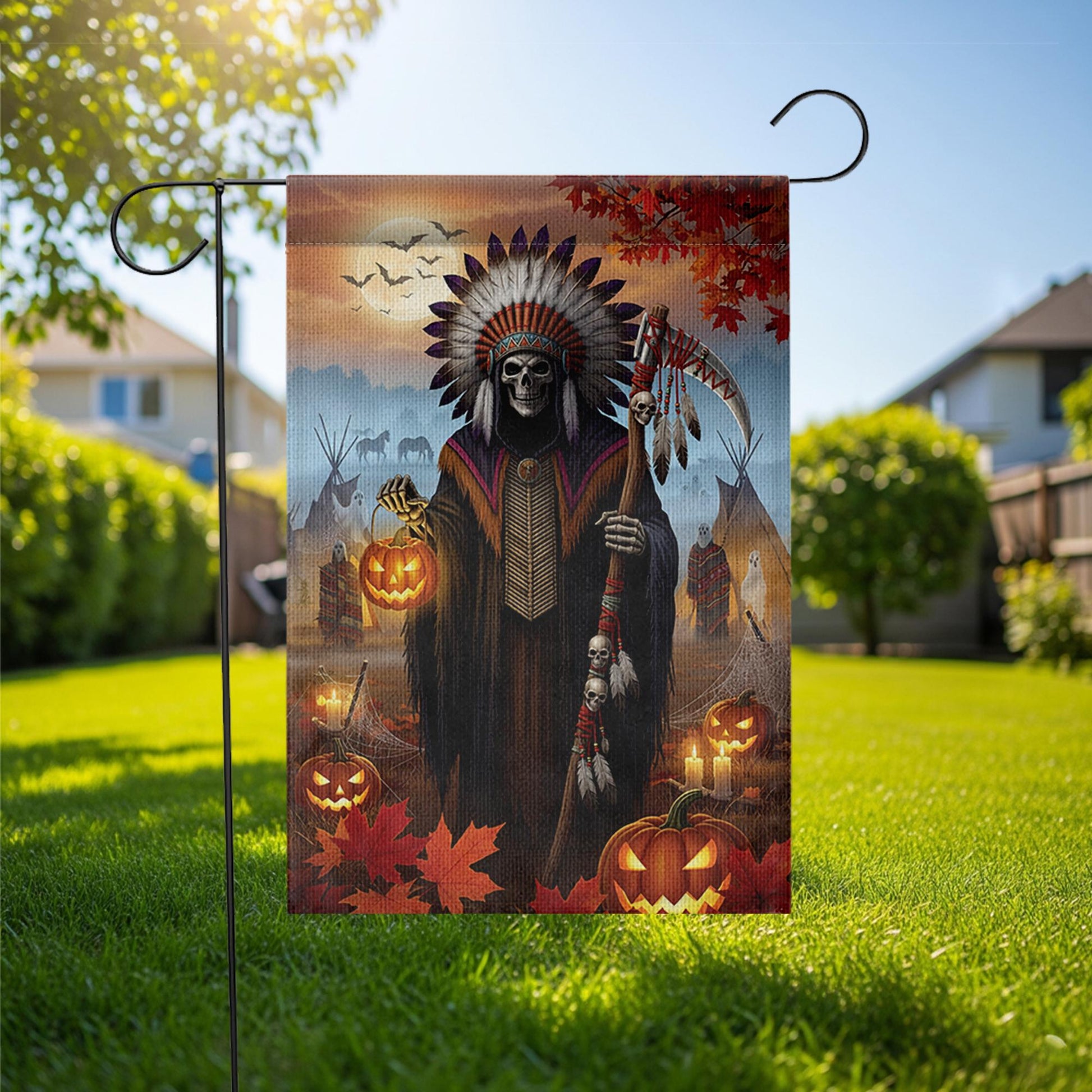 Native Grim Reaper Halloween Garden Flag, Tribal Chief Skeleton Pumpkin Yard Banner, Spooky Fall Outdoor Teepee Decor, Autumn Gothic Sign