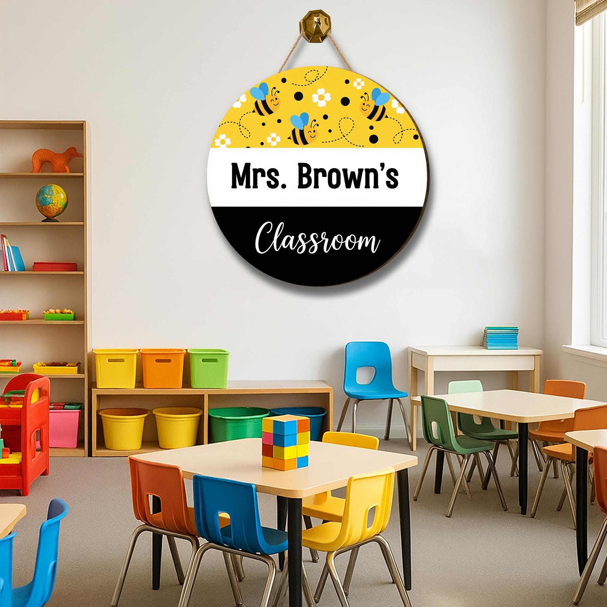 Personalized Bee Classroom Door Sign - Custom Teacher Name Sign for School, Round Hanging Sign for Mrs, Miss, or Mr Classroom Decor