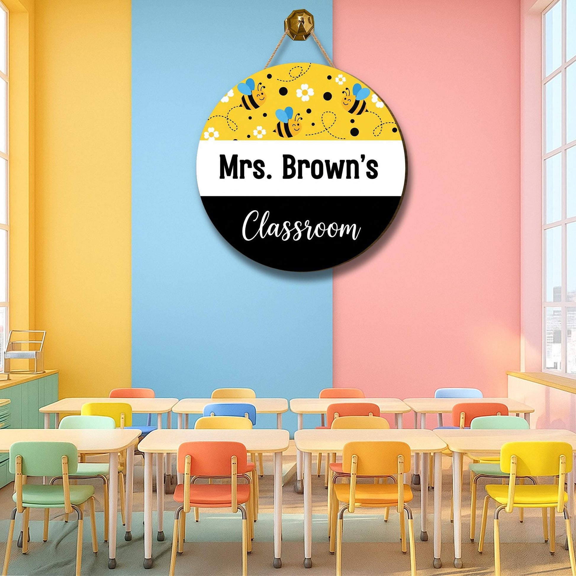 Personalized Bee Classroom Door Sign - Custom Teacher Name Sign for School, Round Hanging Sign for Mrs, Miss, or Mr Classroom Decor