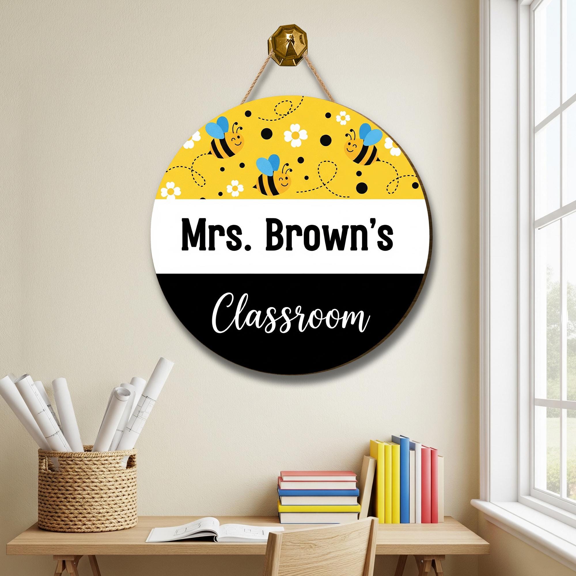 Personalized Bee Classroom Door Sign - Custom Teacher Name Sign for School, Round Hanging Sign for Mrs, Miss, or Mr Classroom Decor