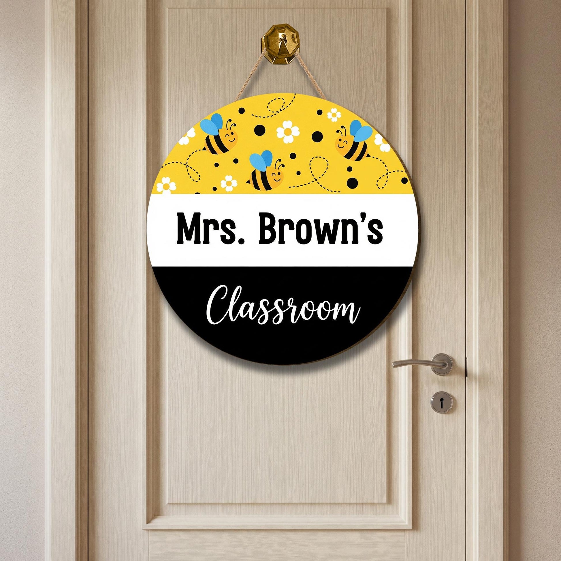 Personalized Bee Classroom Door Sign - Custom Teacher Name Sign for School, Round Hanging Sign for Mrs, Miss, or Mr Classroom Decor