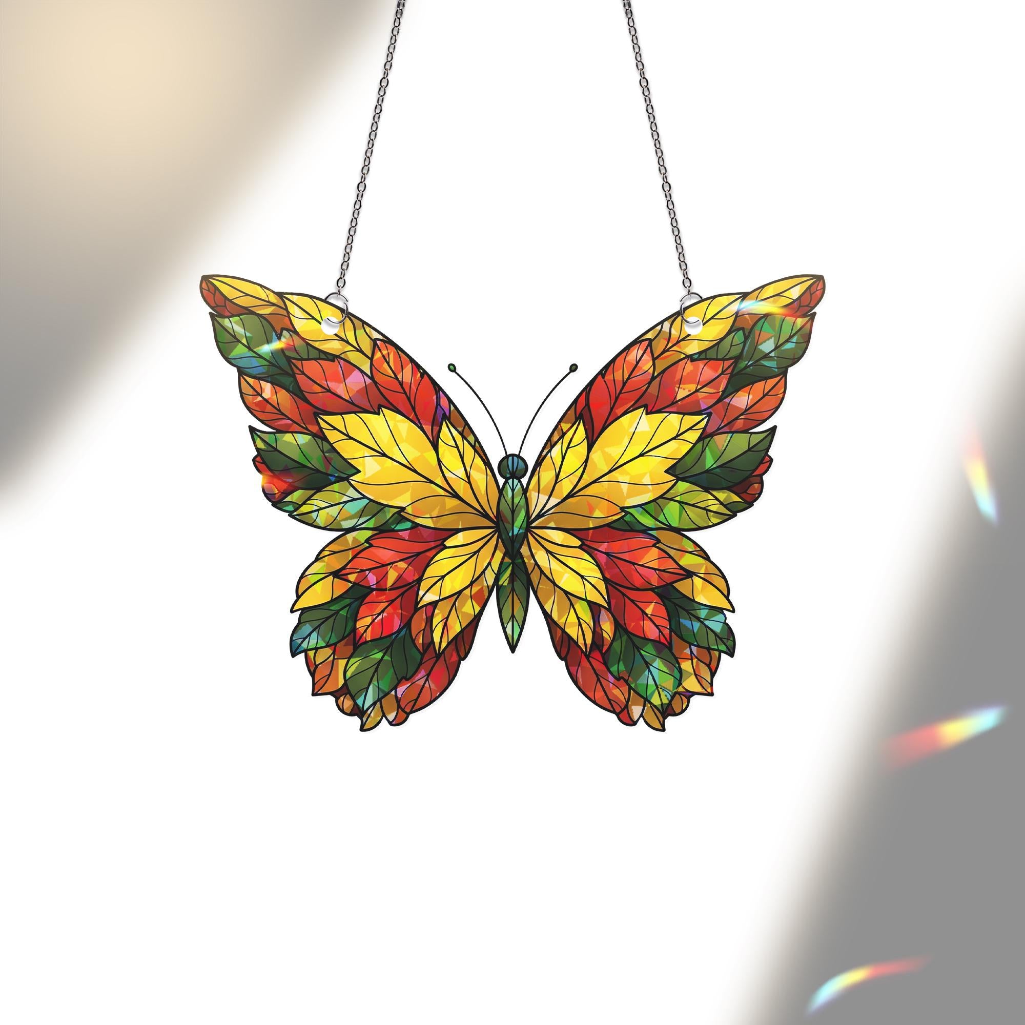 Faux Stained Glass Butterfly Suncatcher | Autumn Leaves Window Decor | Hologram Prism Catcher | Fall Butterfly Art | Unique Home Gift